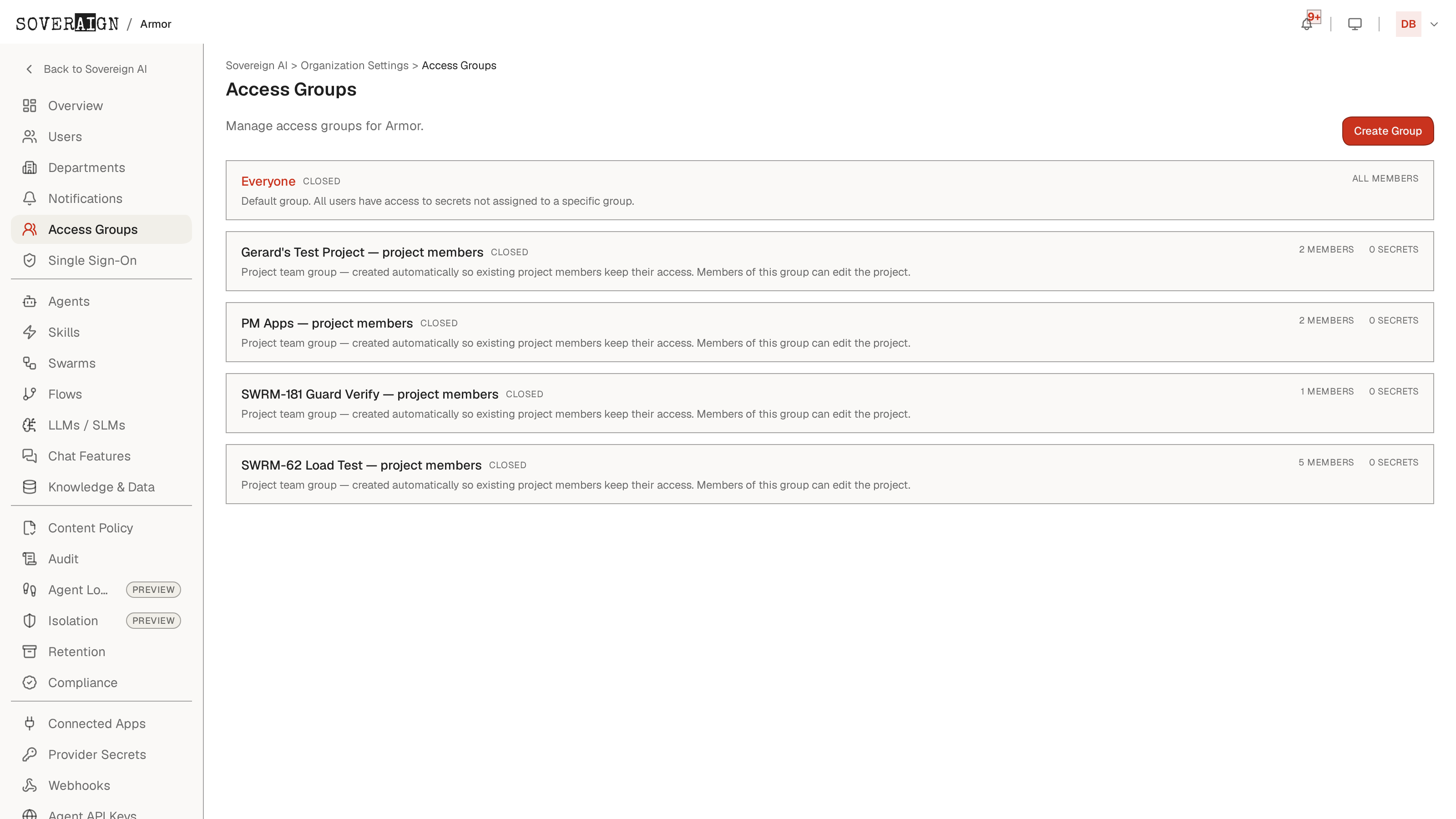 The Access Groups admin page with the group list and per-group membership