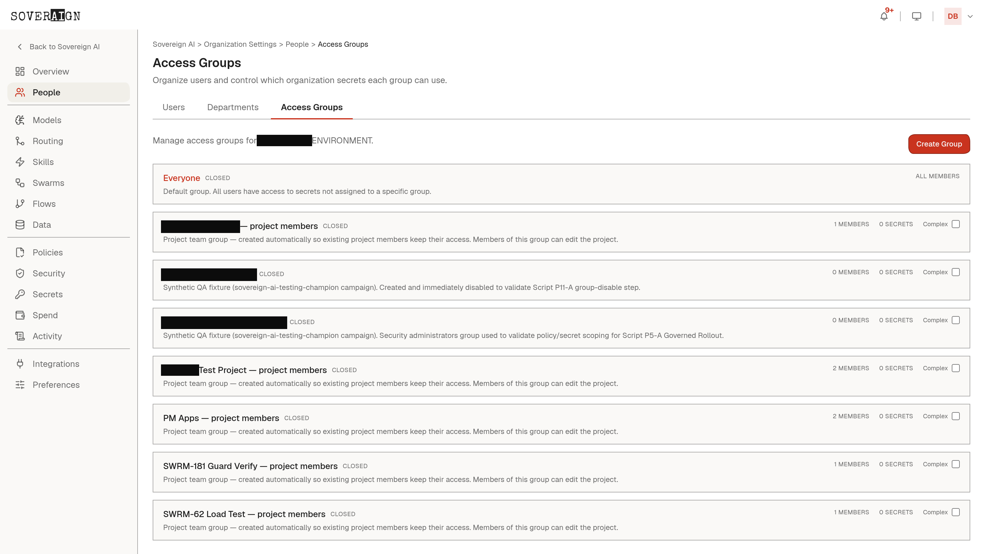 The Access Groups admin page with the group list and per-group membership