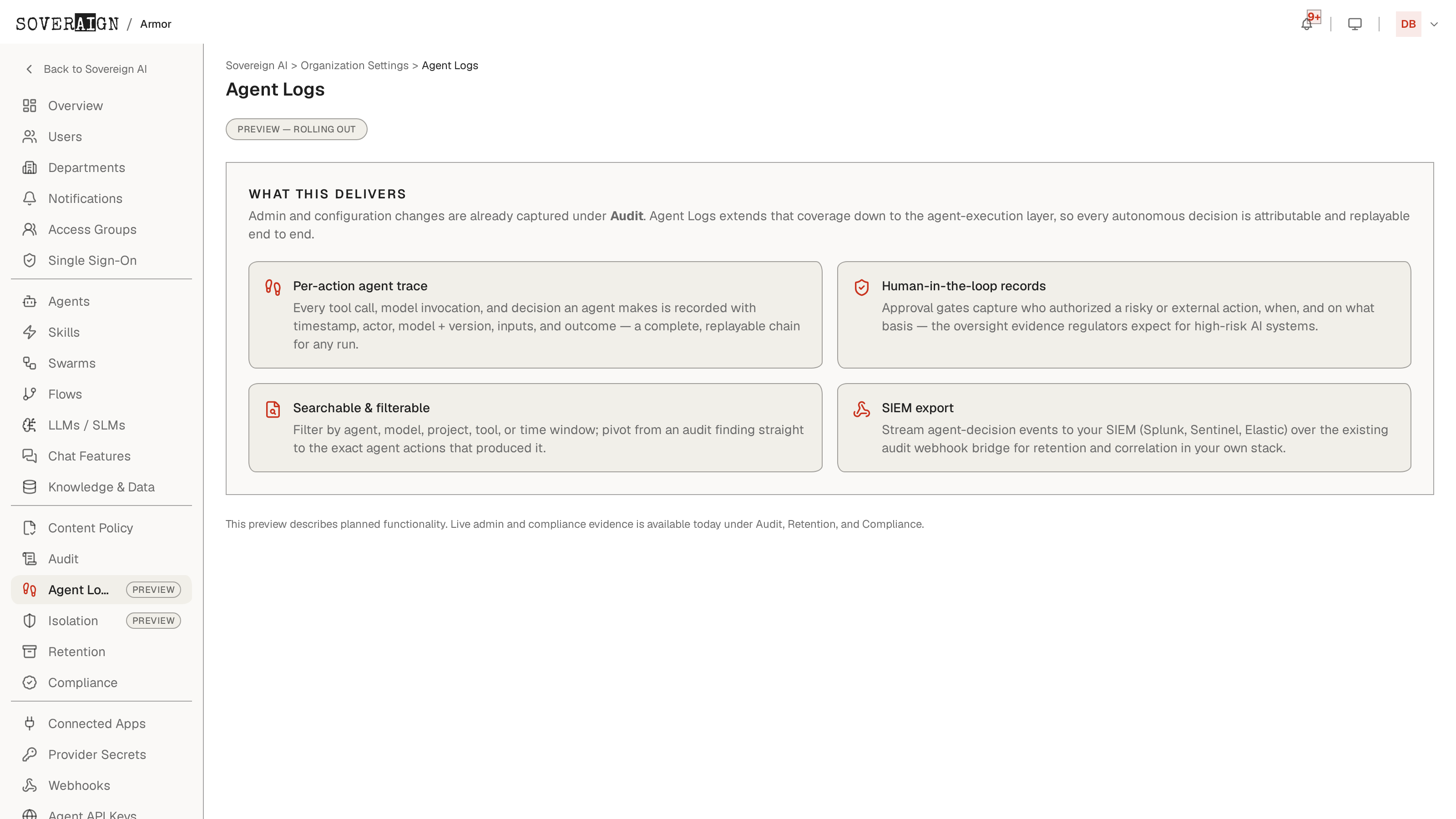 The Agent Logs admin page: preview cards for per-action agent traces, human-in-the-loop records, filtering, and SIEM export