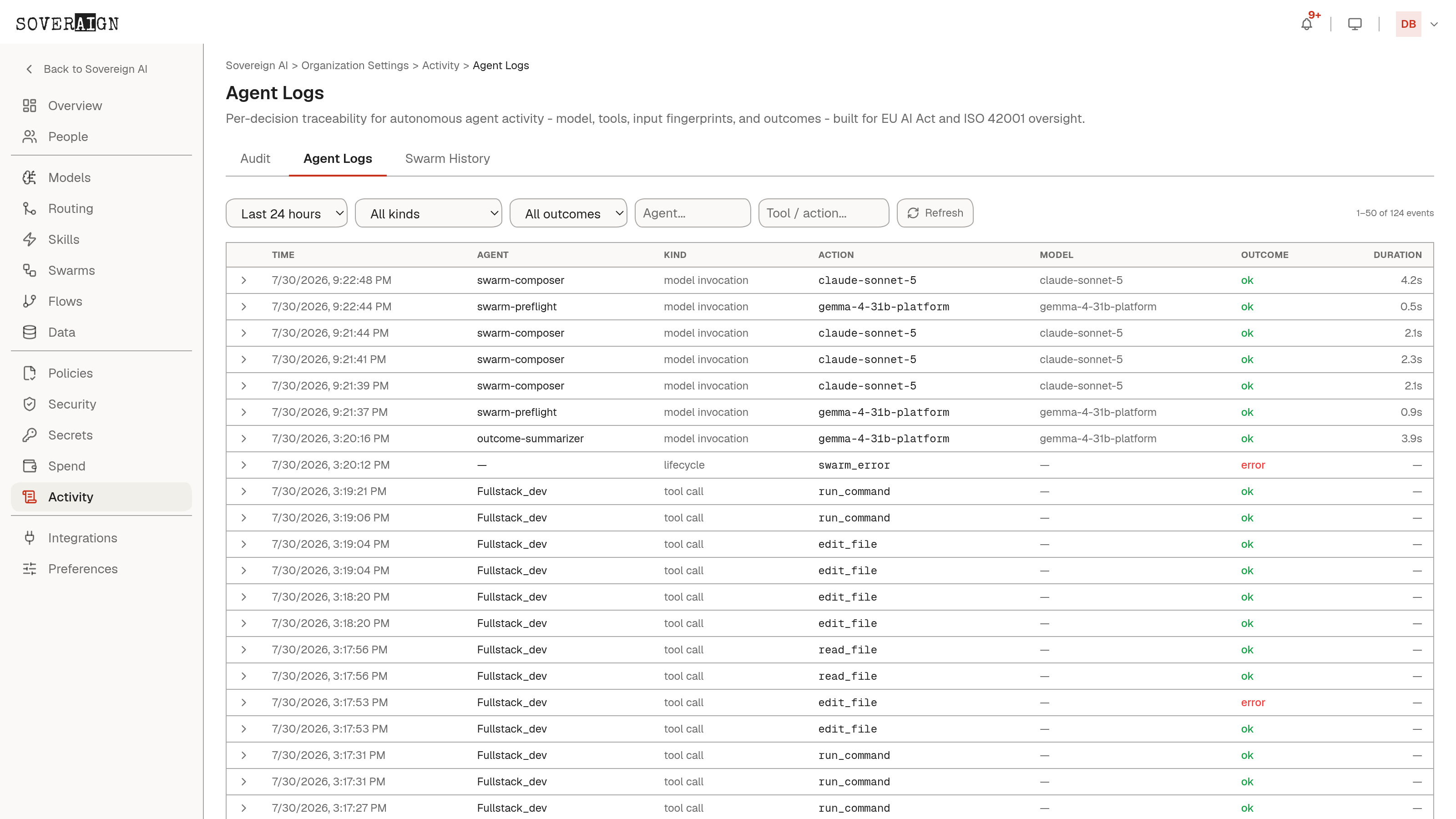 The Agent Logs admin page: preview cards for per-action agent traces, human-in-the-loop records, filtering, and SIEM export