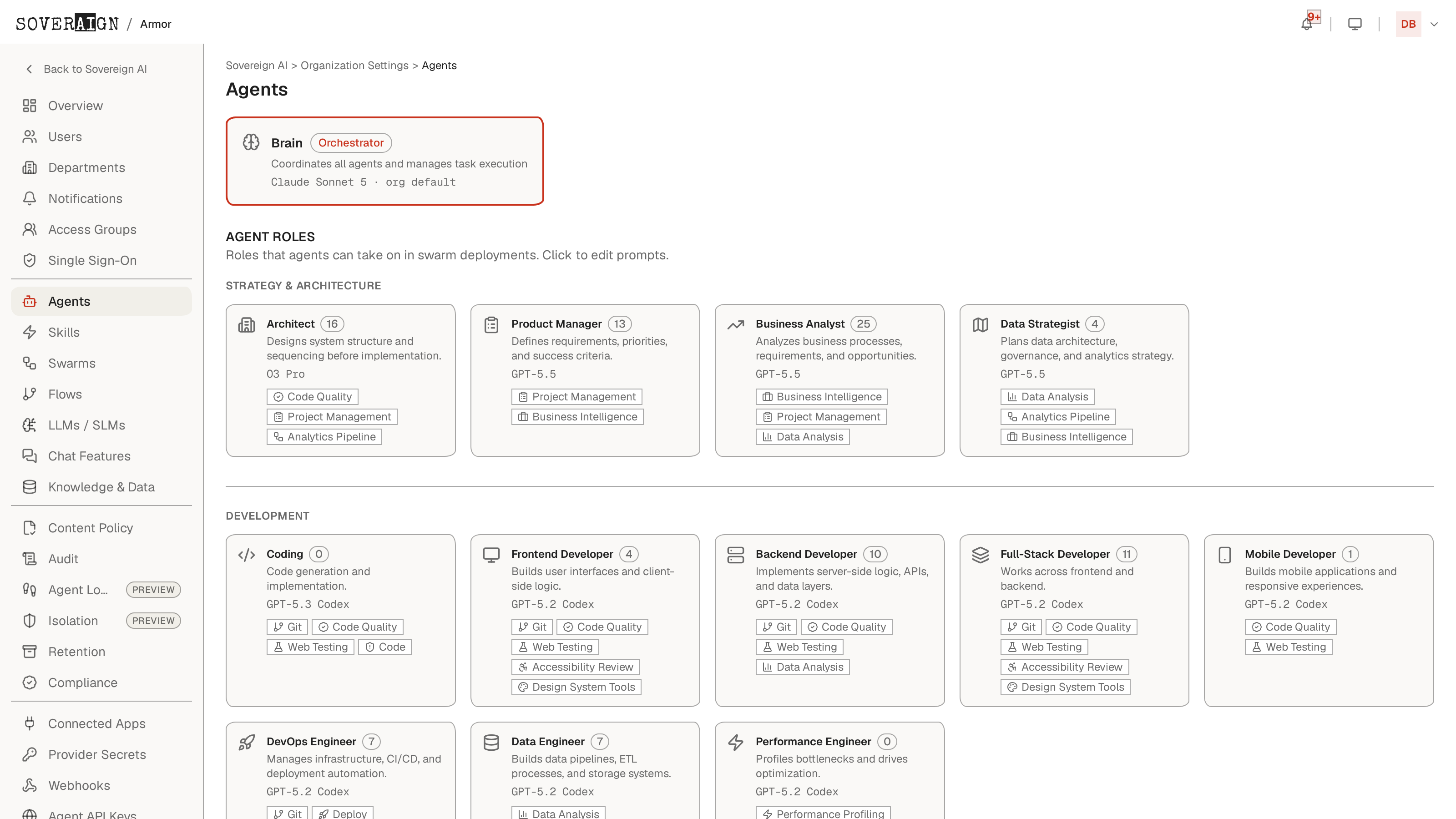 The Agents admin page: the Brain orchestrator card and role cards grouped by category, each with its model assignment and skill badges