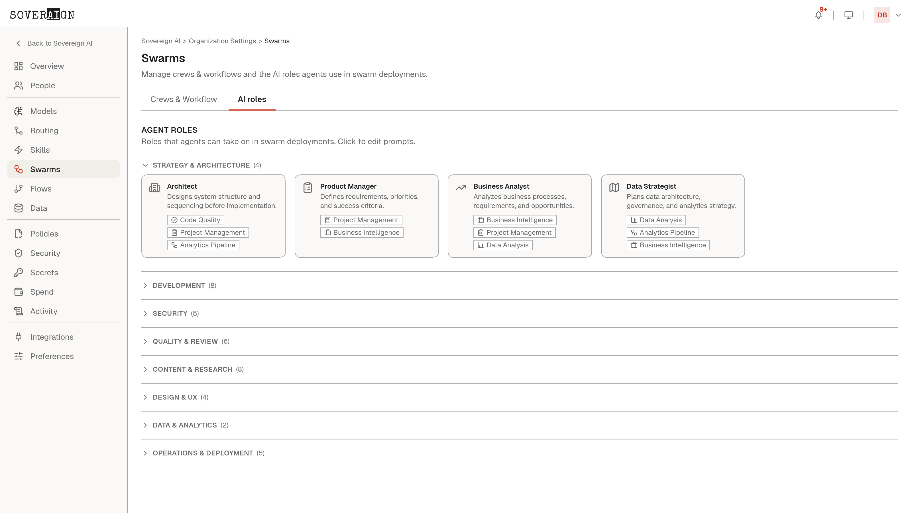 The Agents admin page: the Brain orchestrator card and role cards grouped by category, each with its model assignment and skill badges