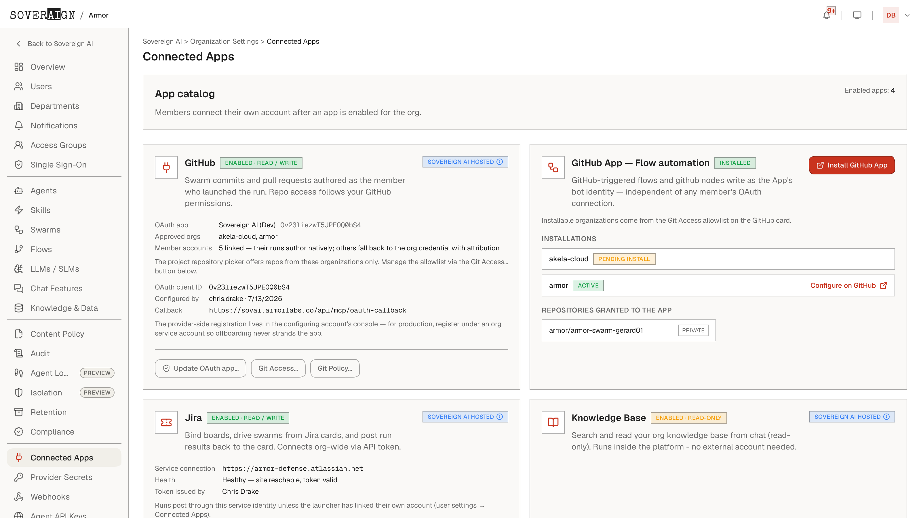 The Connected Apps admin page with catalog app tiles and their status chips