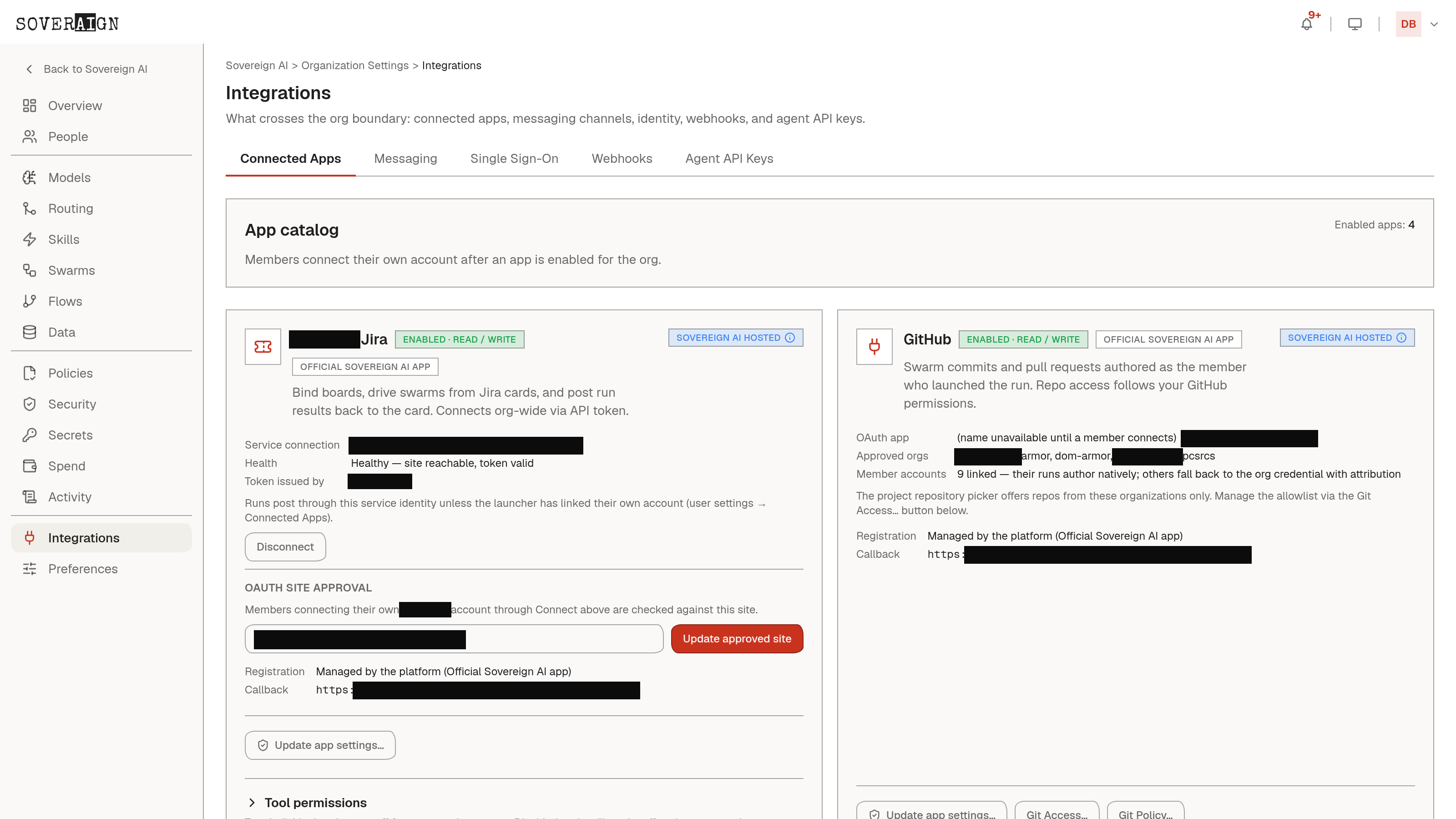 The Connected Apps admin page with catalog app tiles and their status chips