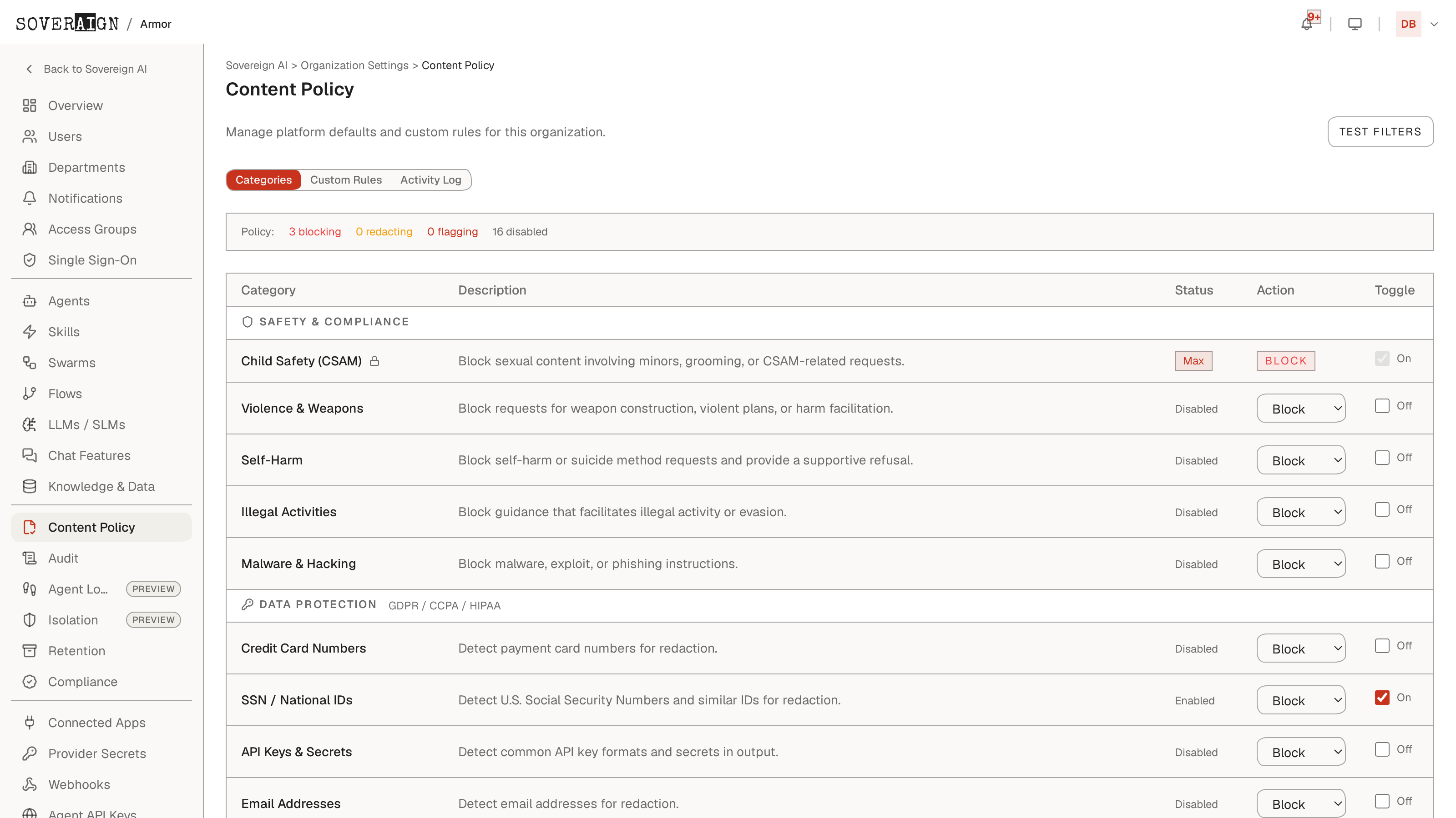 The Content Policy admin page: category table with per-category Block actions, locked platform rules, and the Data Protection PII section
