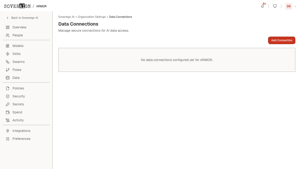 The Data admin page with no connections configured