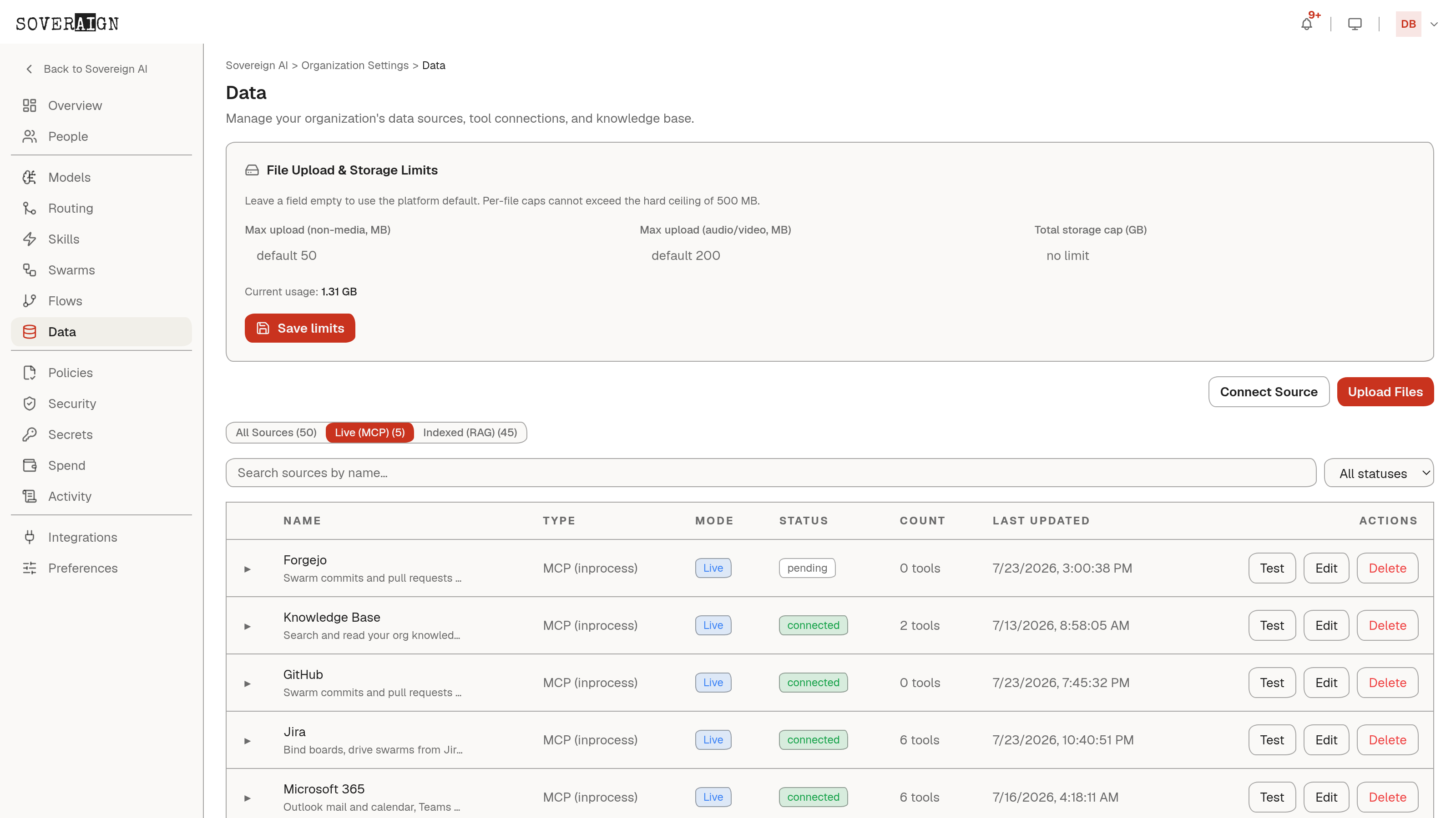 The Data admin page on the Live (MCP) tab with connected servers and their discovered tools