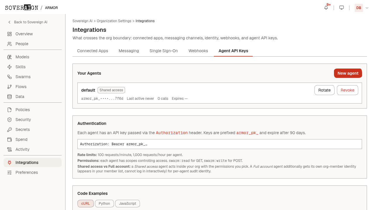 The Integrations > Agent API Keys tab with an issued agent, authentication details, and code examples
