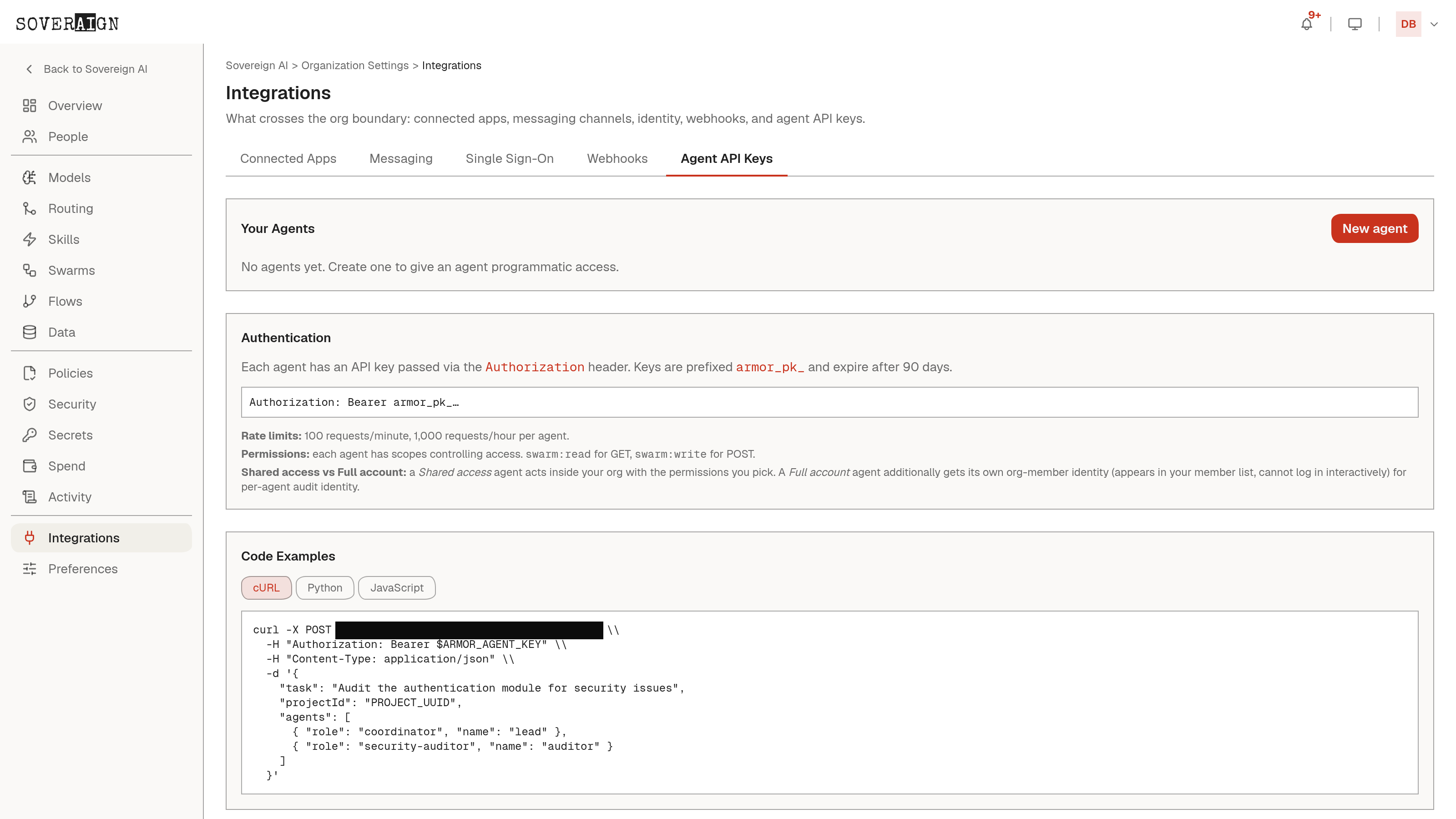 The Integrations > Agent API Keys tab with an issued agent, authentication details, and code examples