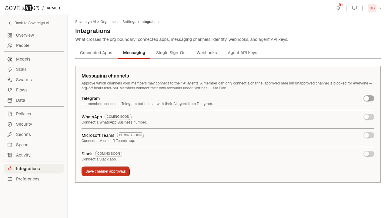 The Integrations > Messaging tab with channel status