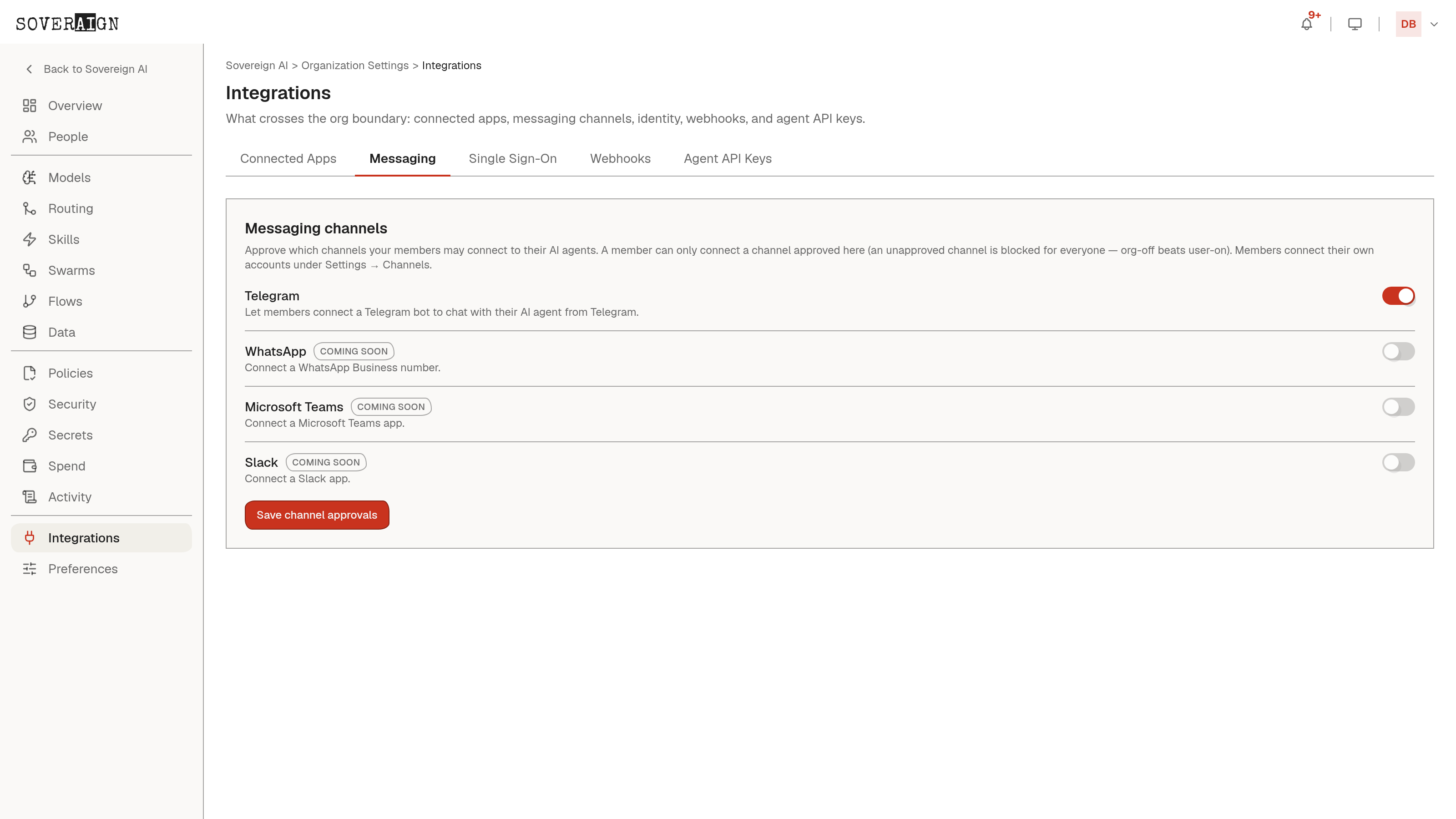 The Integrations > Messaging tab with channel status