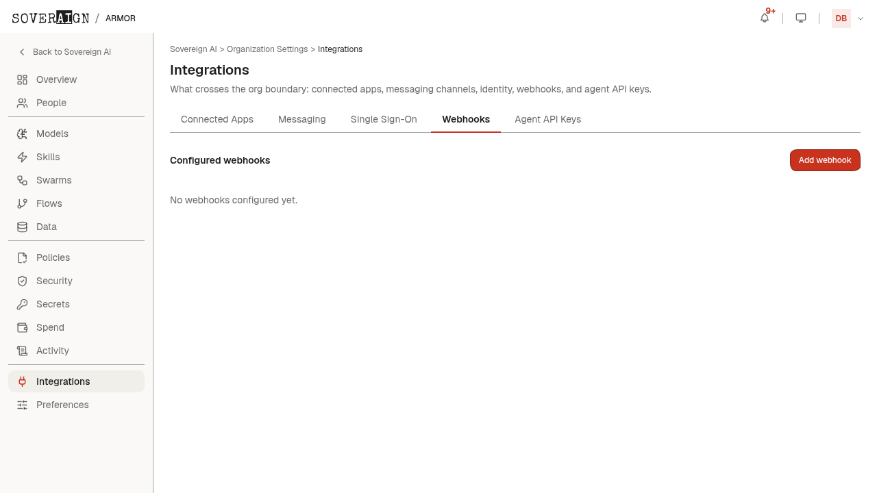 The Integrations > Webhooks tab with no webhooks configured