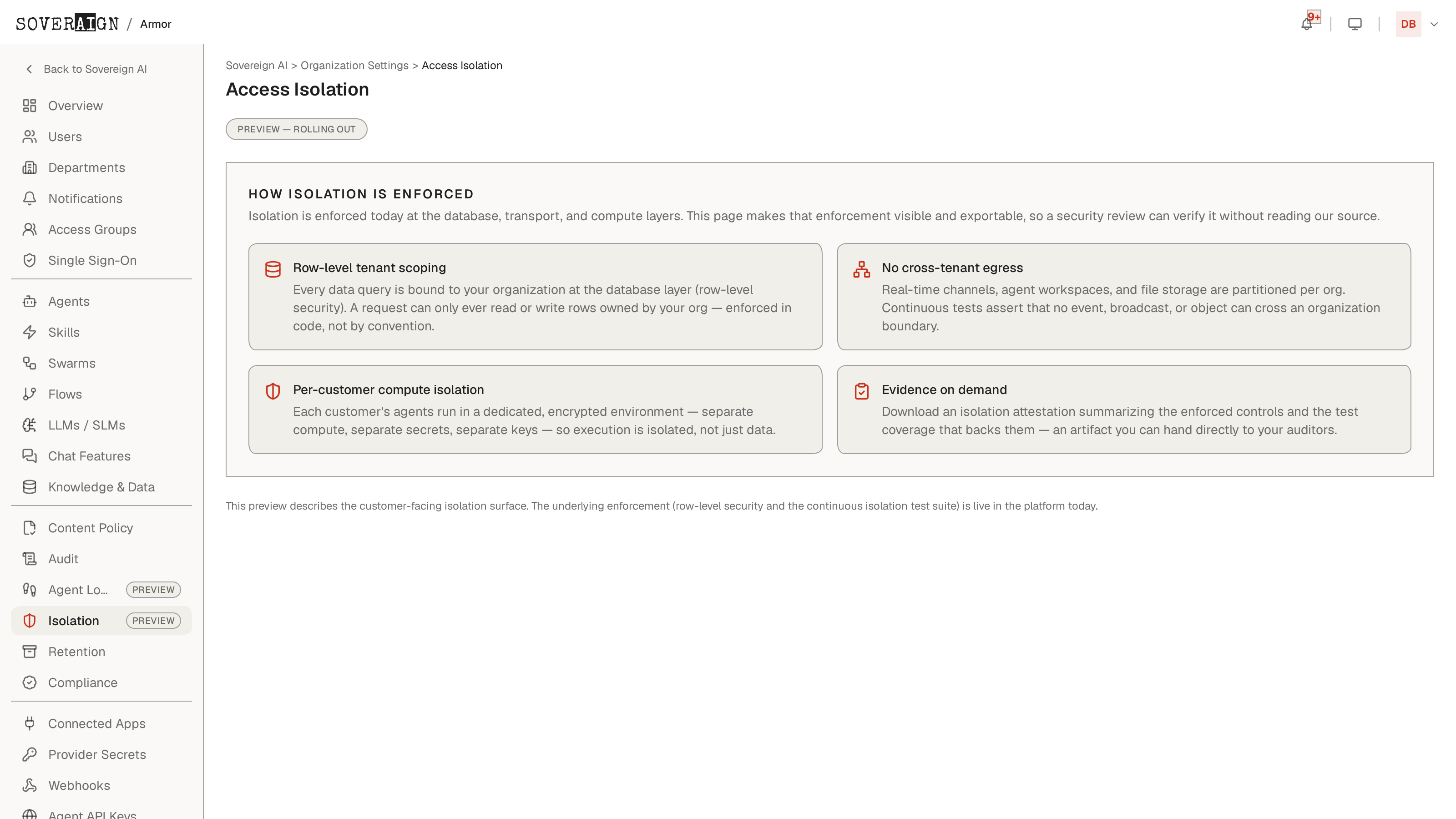 The Isolation admin page describing each enforced control and the downloadable isolation attestation