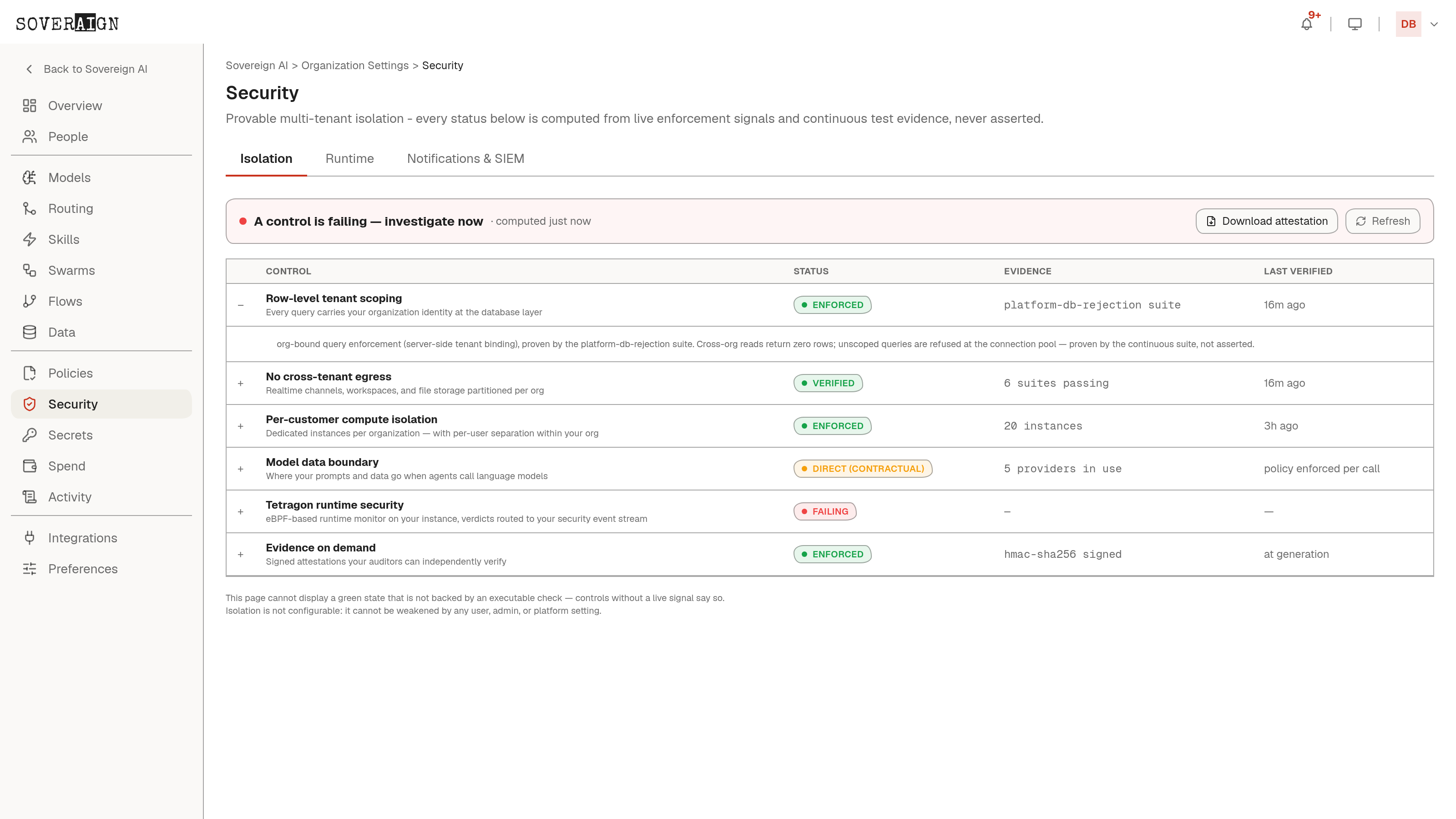 The Isolation admin page describing each enforced control and the downloadable isolation attestation