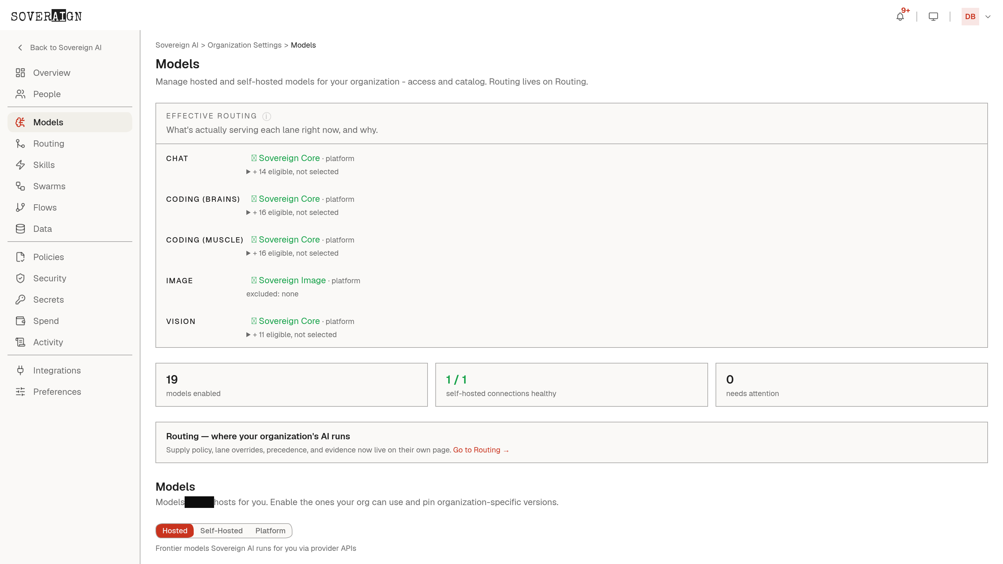 The Models admin page showing the routing engine, enabled models by tier, and shadow/failover configuration