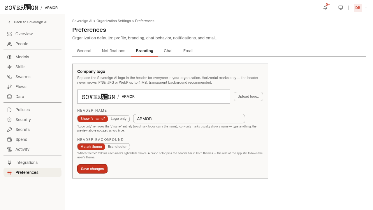 The Preferences > Branding tab with logo upload, header name, and header background controls