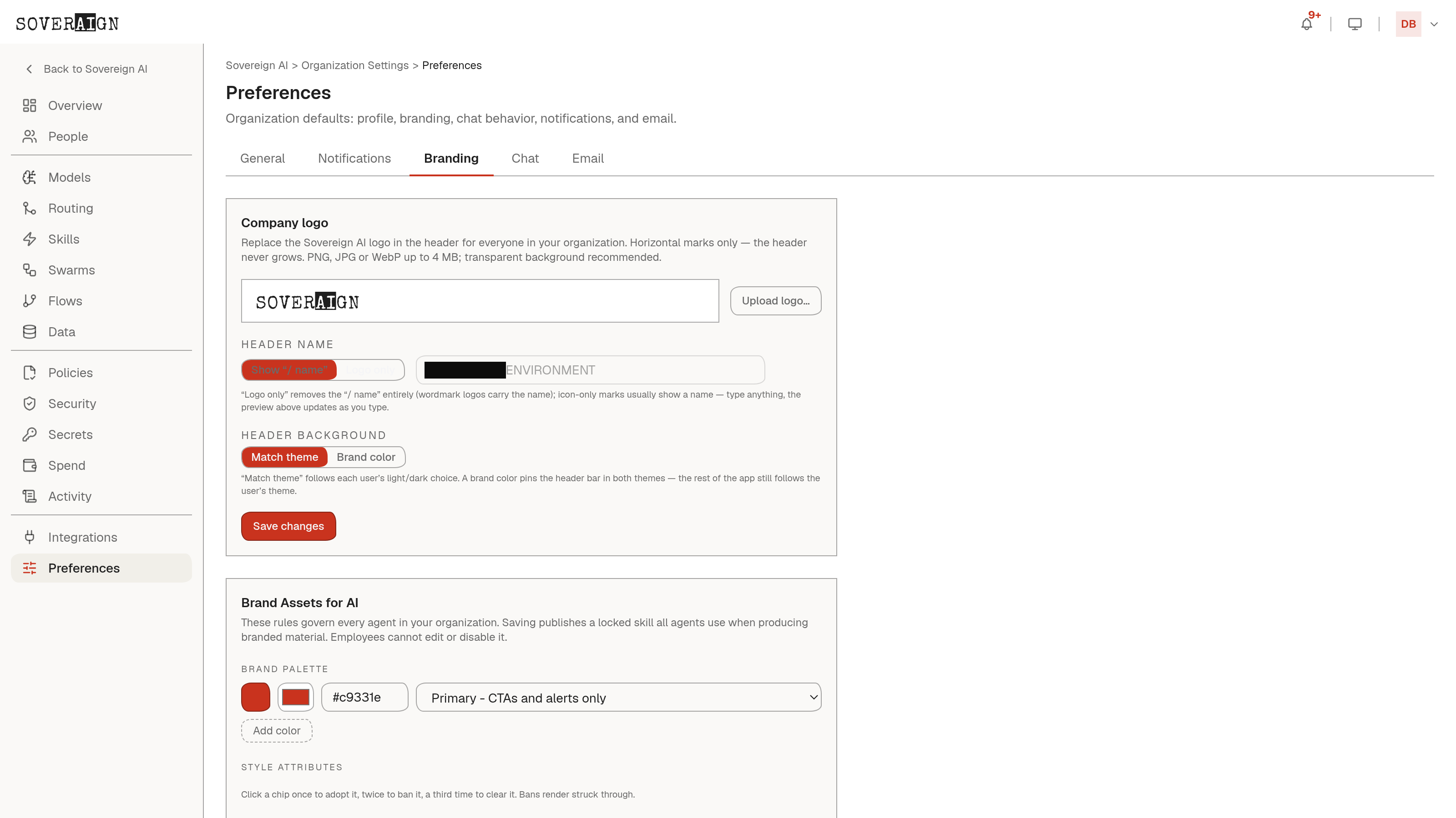 The Preferences > Branding tab with logo upload, header name, and header background controls