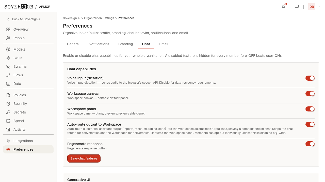 The Preferences > Chat tab with org-wide chat behavior defaults