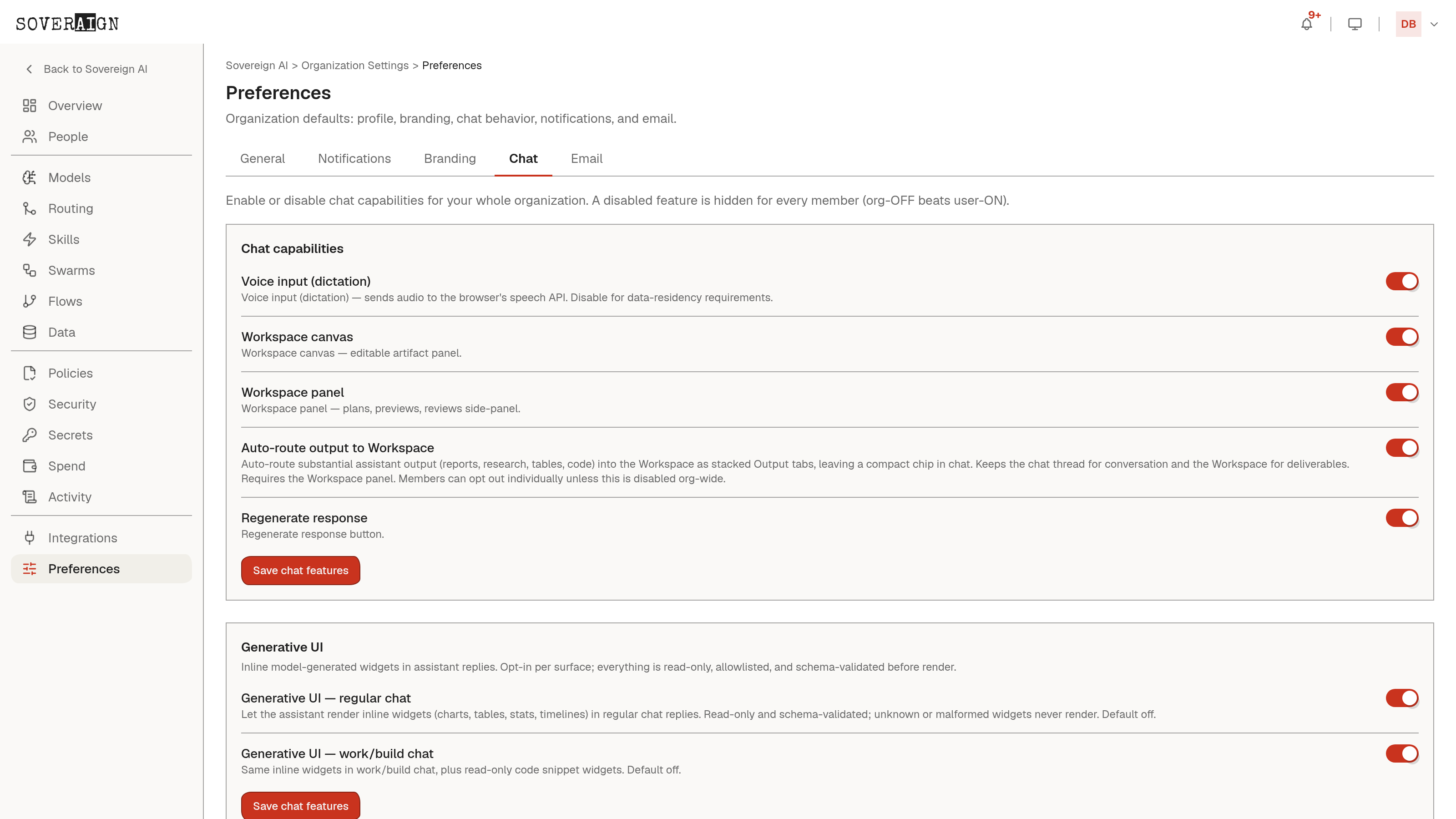 The Preferences > Chat tab with org-wide chat behavior defaults