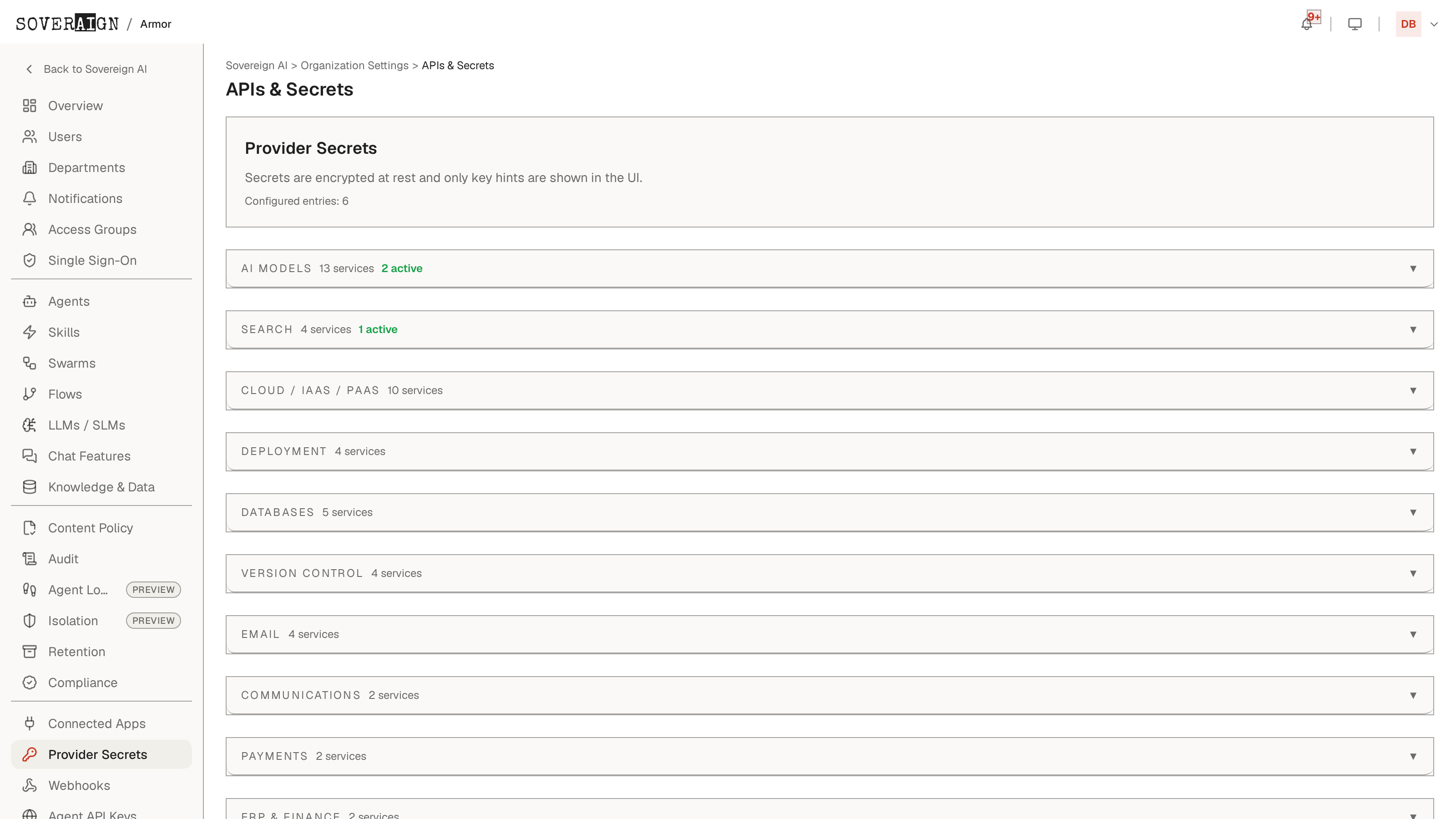 The Provider Secrets admin page with credential categories for AI providers, search, cloud, and ERP & Finance