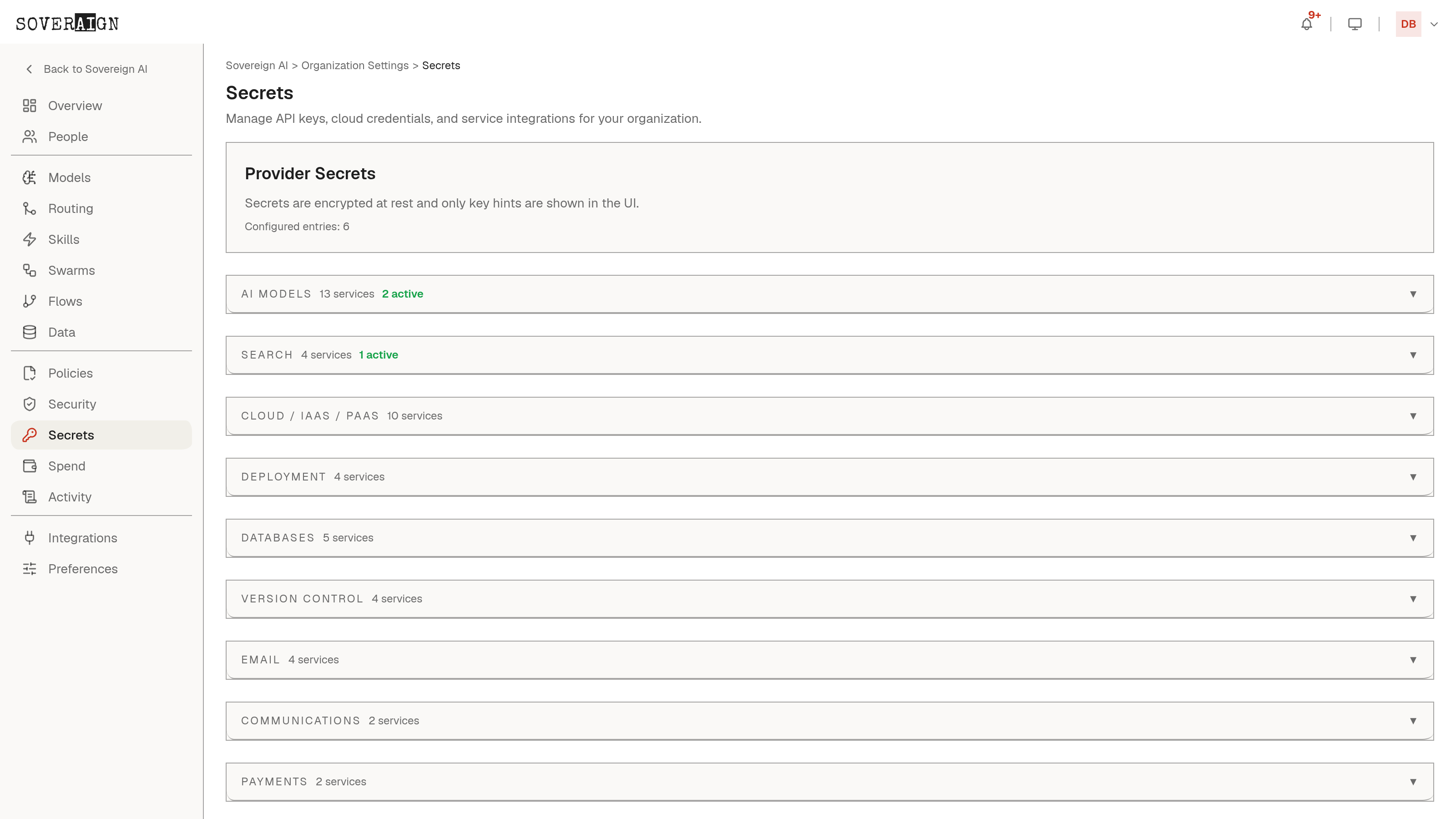 The Provider Secrets admin page with credential categories for AI providers, search, cloud, and ERP & Finance