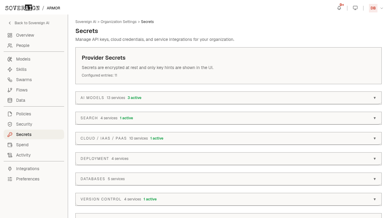 The Secrets admin page with the provider credential vault