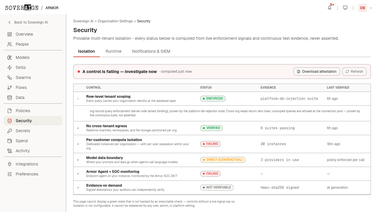 The Security > Isolation tab with each enforced control and its live status