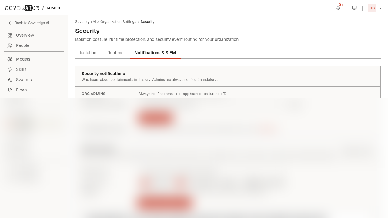 The Security > Notifications tab with event routing configuration