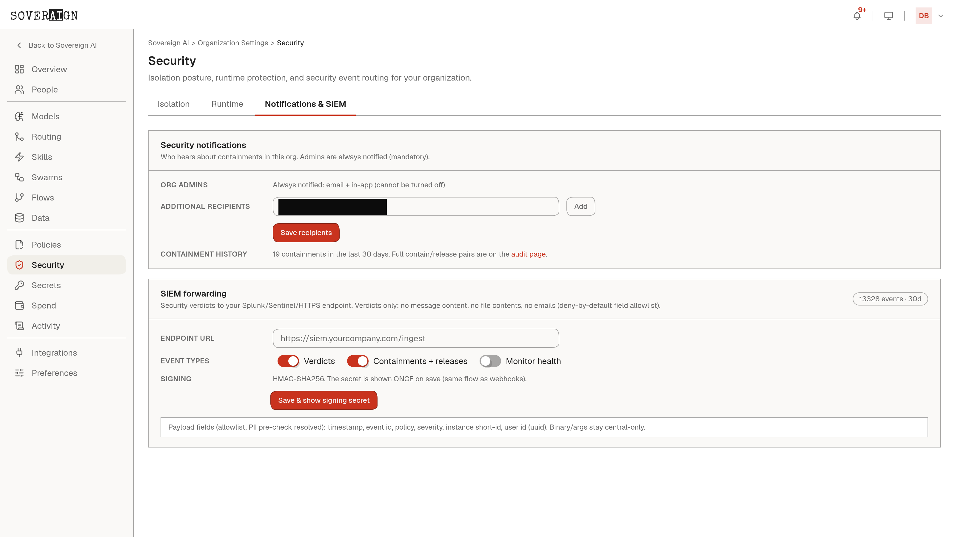 The Security > Notifications tab with event routing configuration