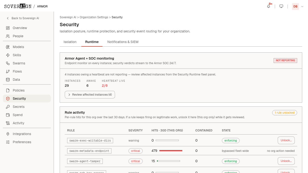 The Security > Runtime tab with runtime protection settings