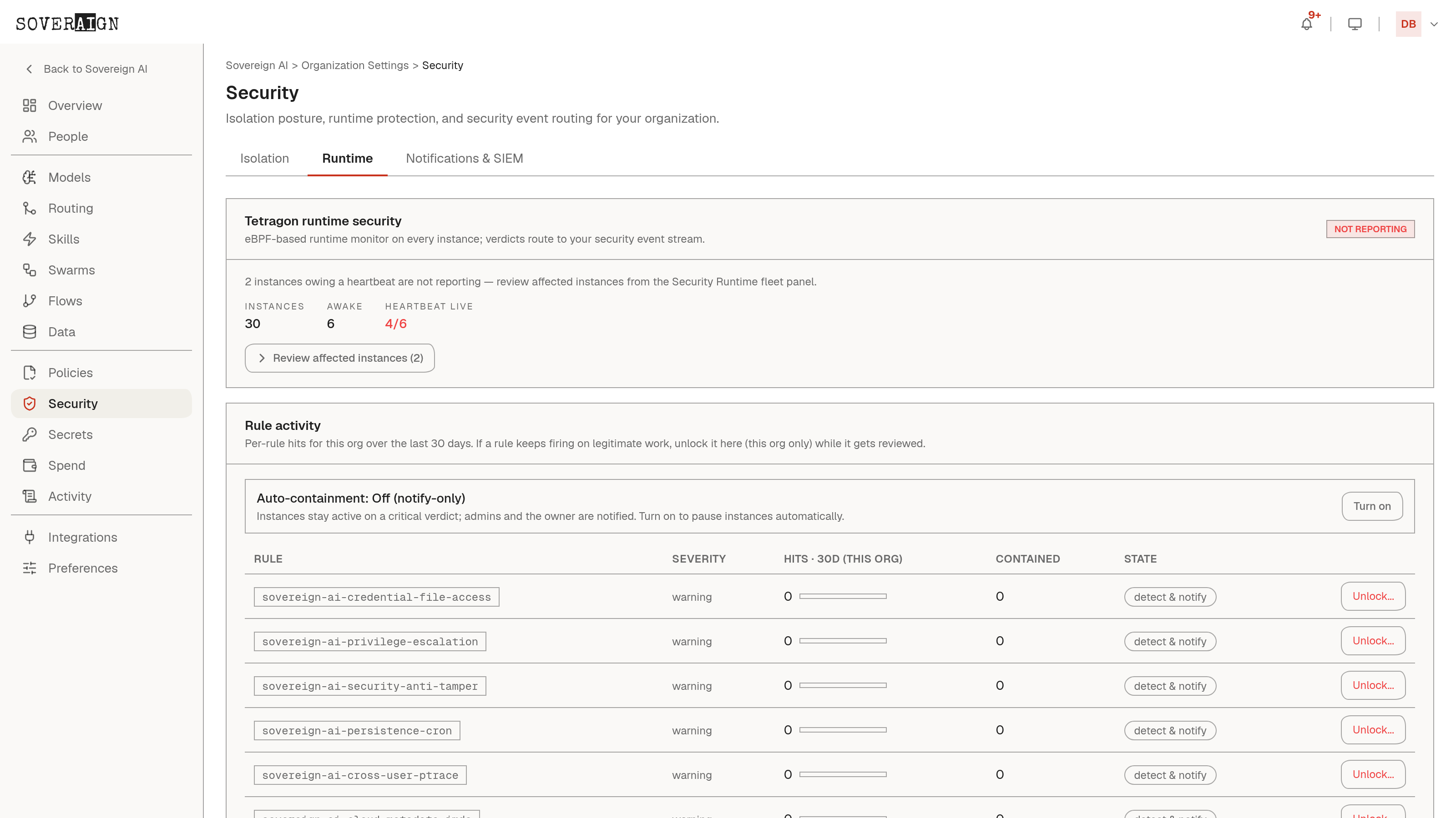 The Security > Runtime tab with runtime protection settings