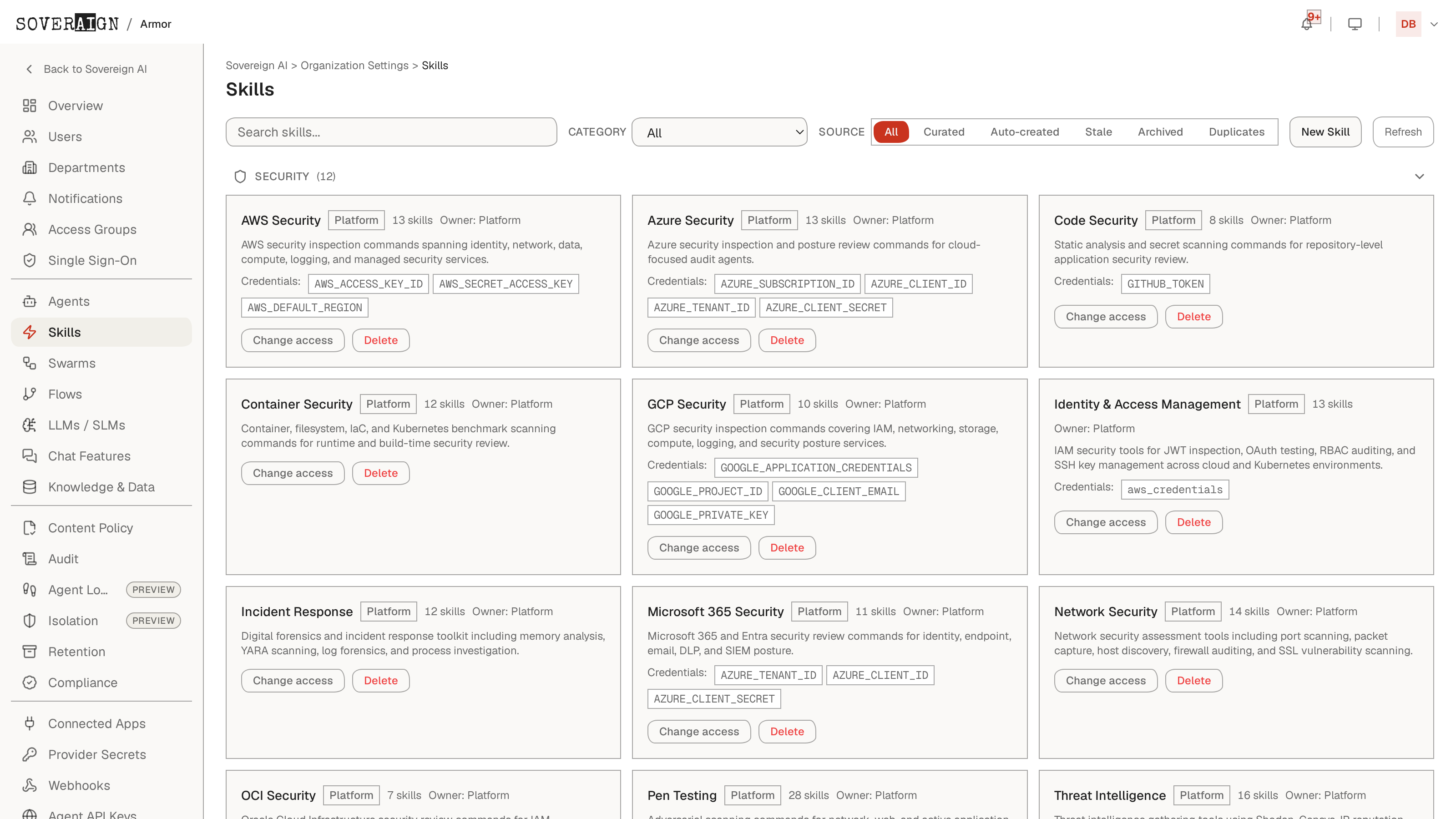 The Skills admin page with the org skill library