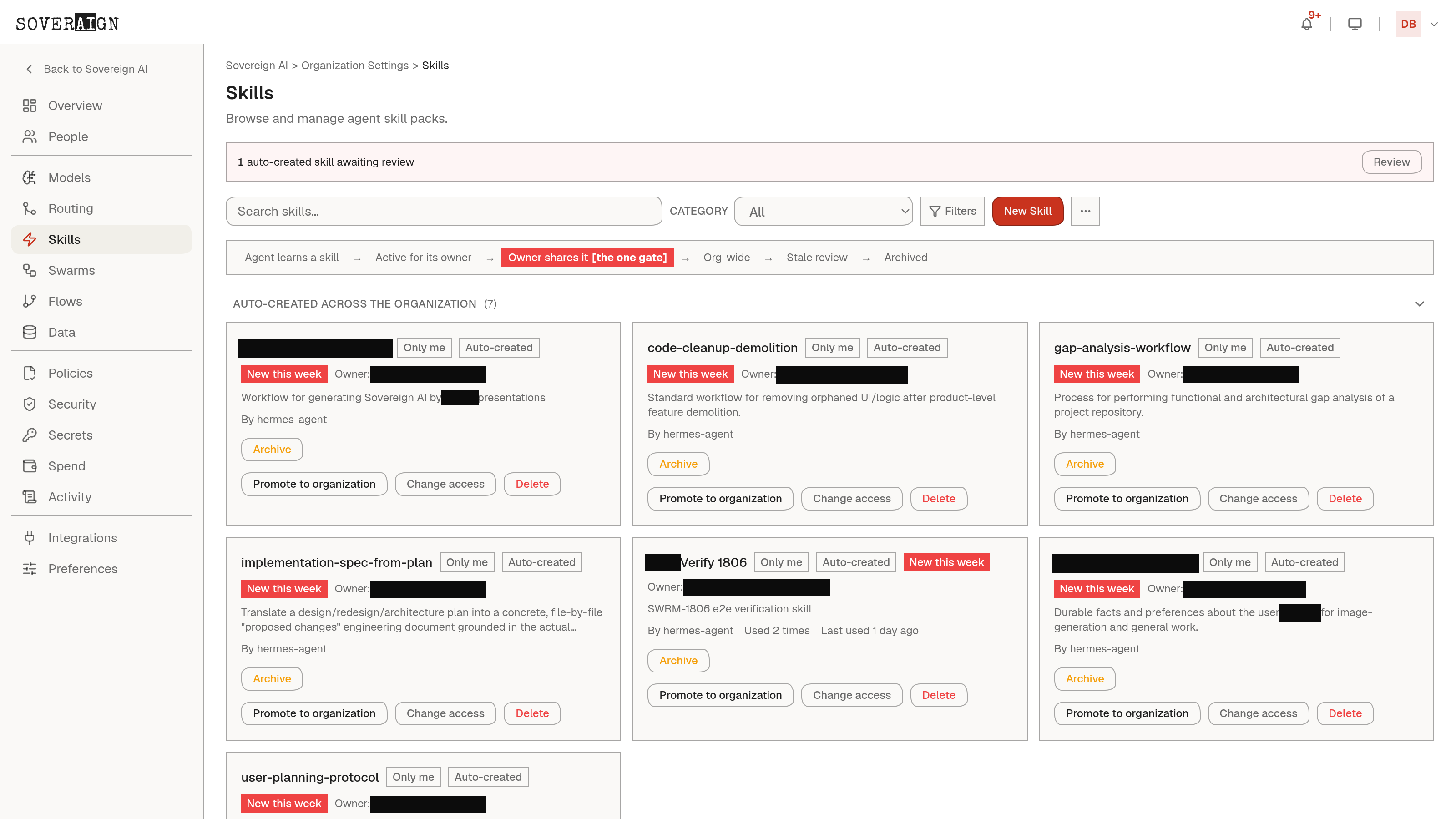 The Skills admin page with the org skill library