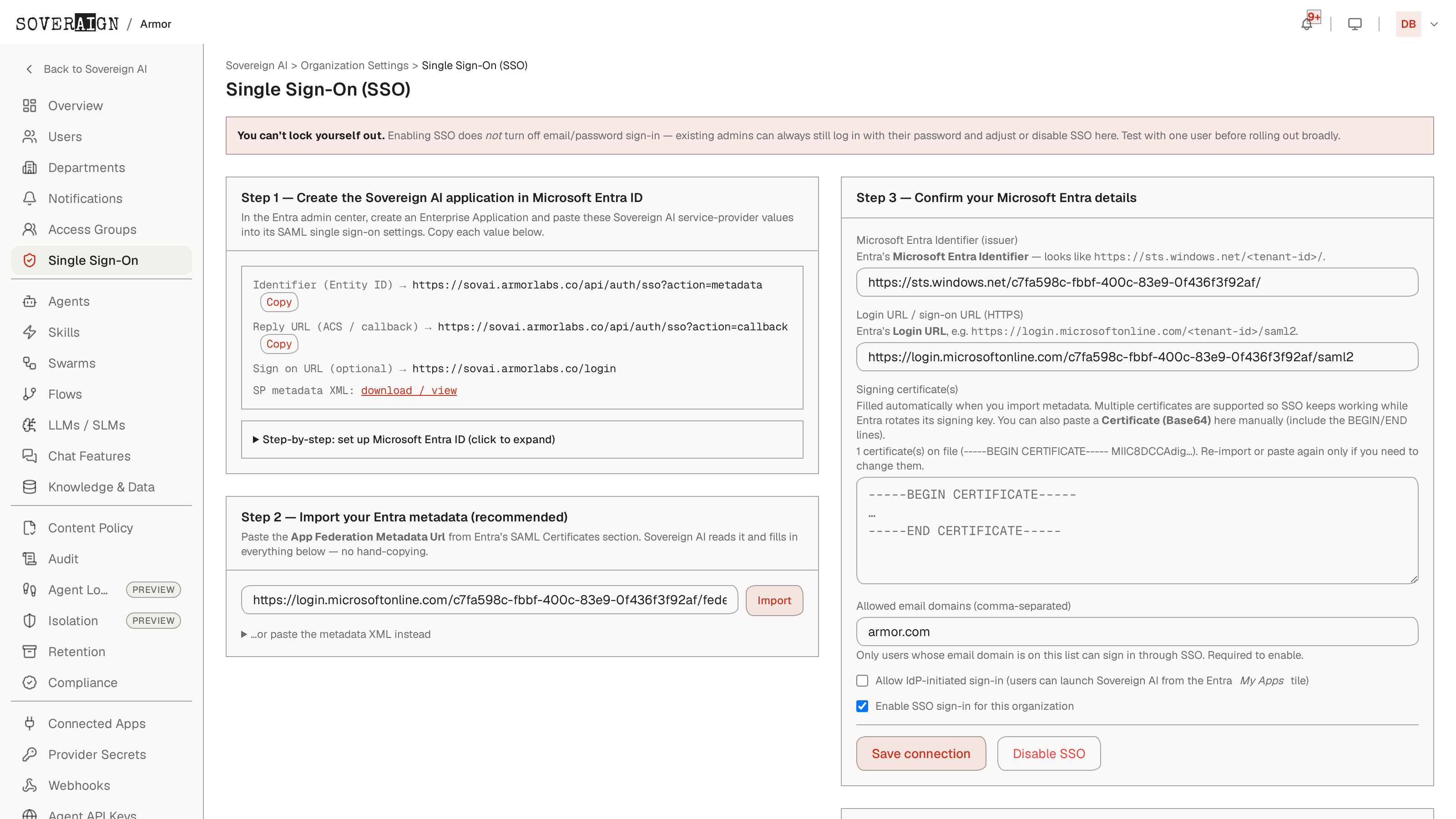 The Single Sign-On admin page with the SAML 2.0 configuration for Microsoft Entra ID