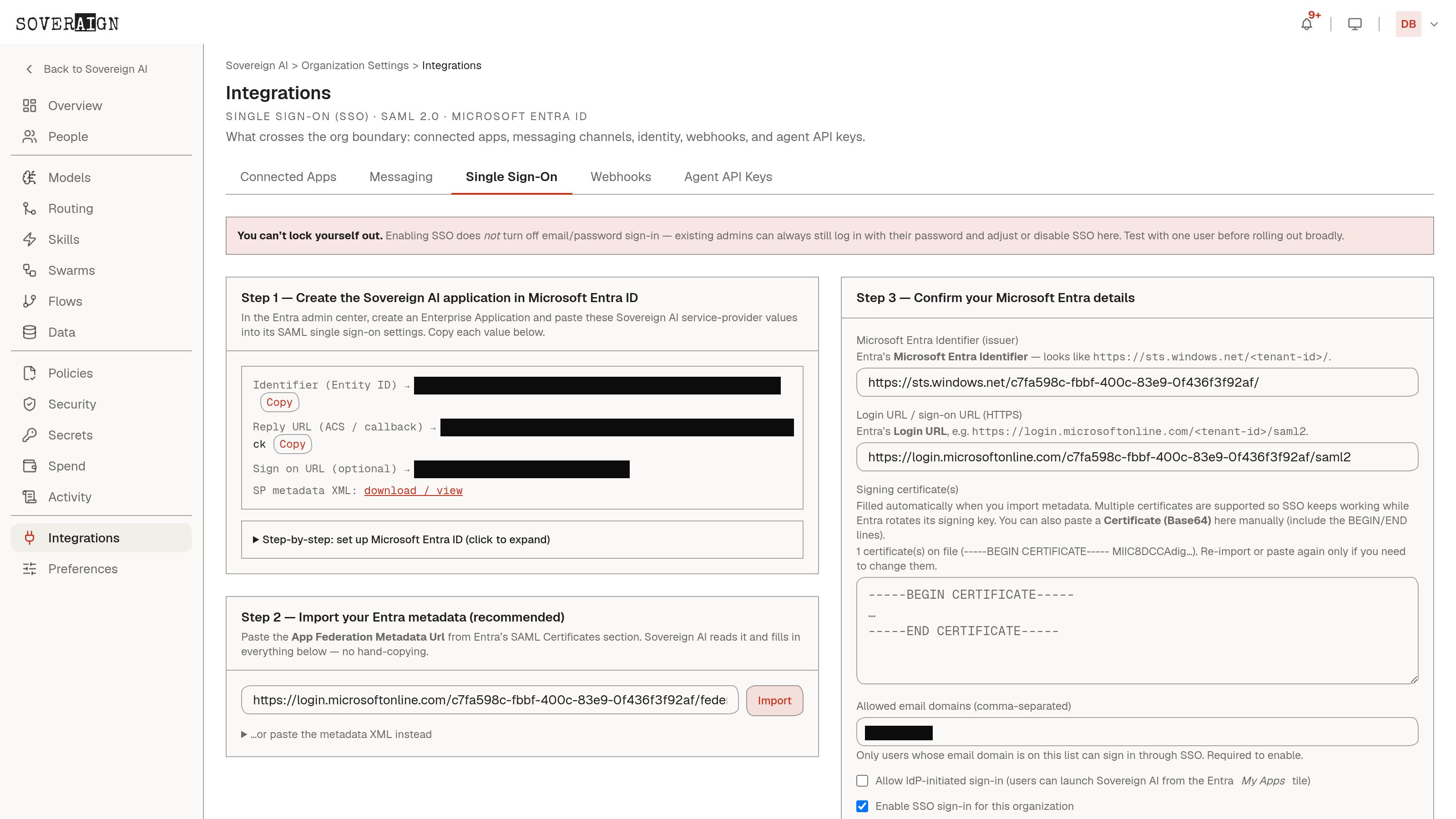 The Single Sign-On admin page with the SAML 2.0 configuration for Microsoft Entra ID