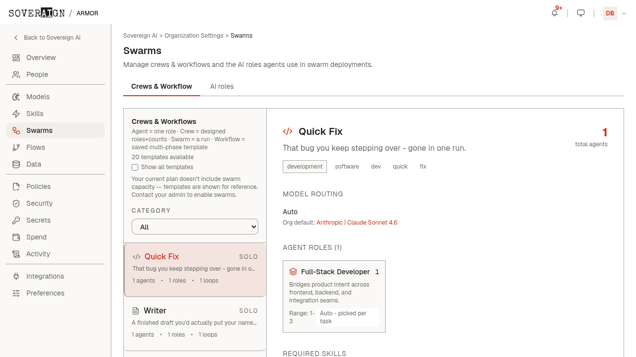 The Swarms admin page with templates and review strategy configuration