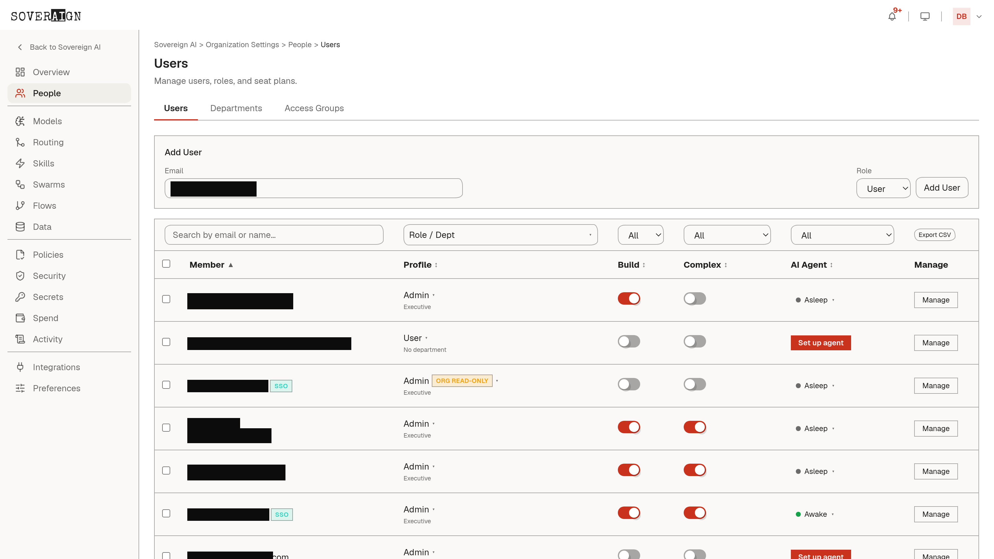 The Users admin page with the member roster, roles, and seat controls