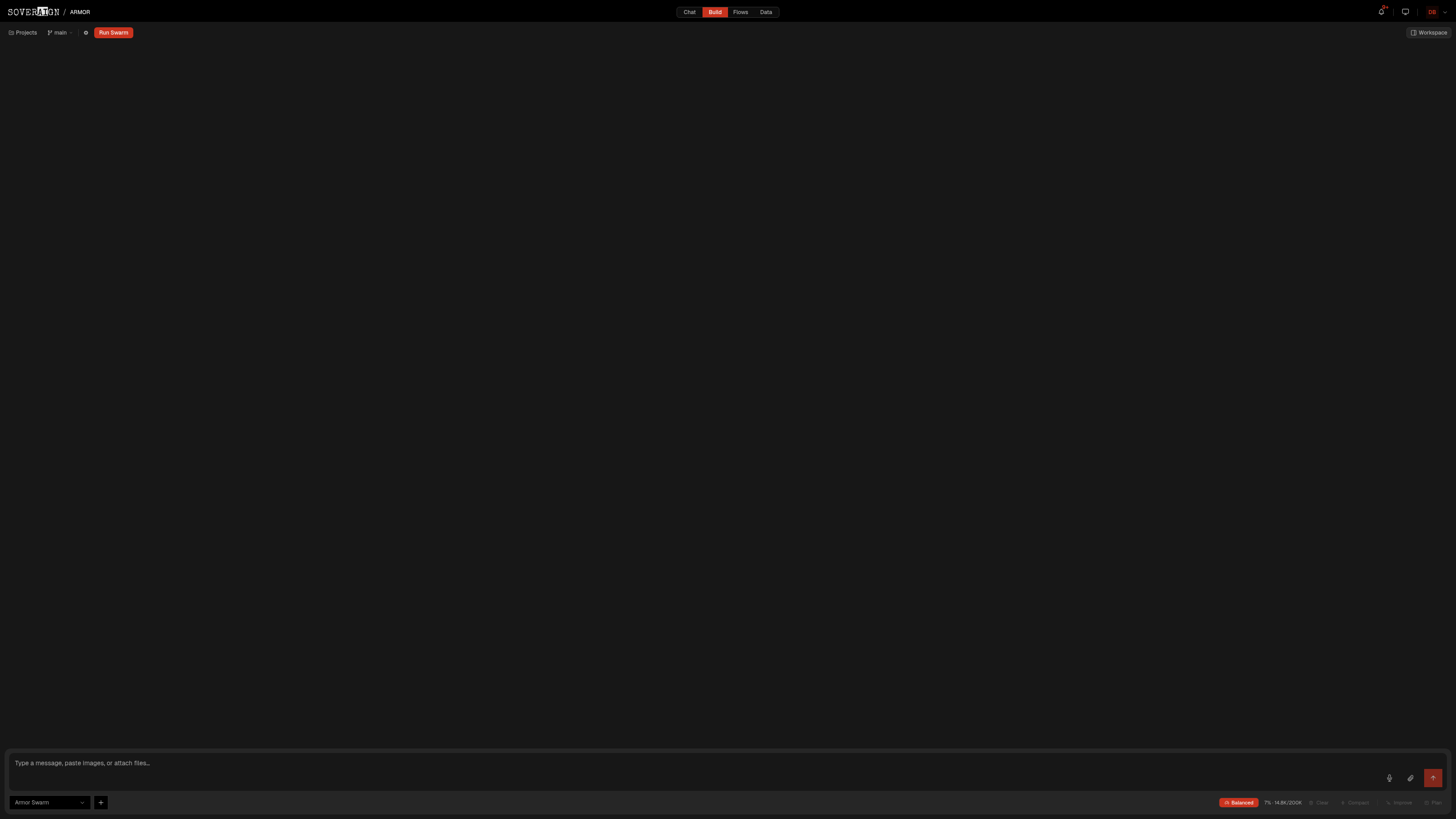 Build composer with the git branch control, Run Swarm action, and Projects button