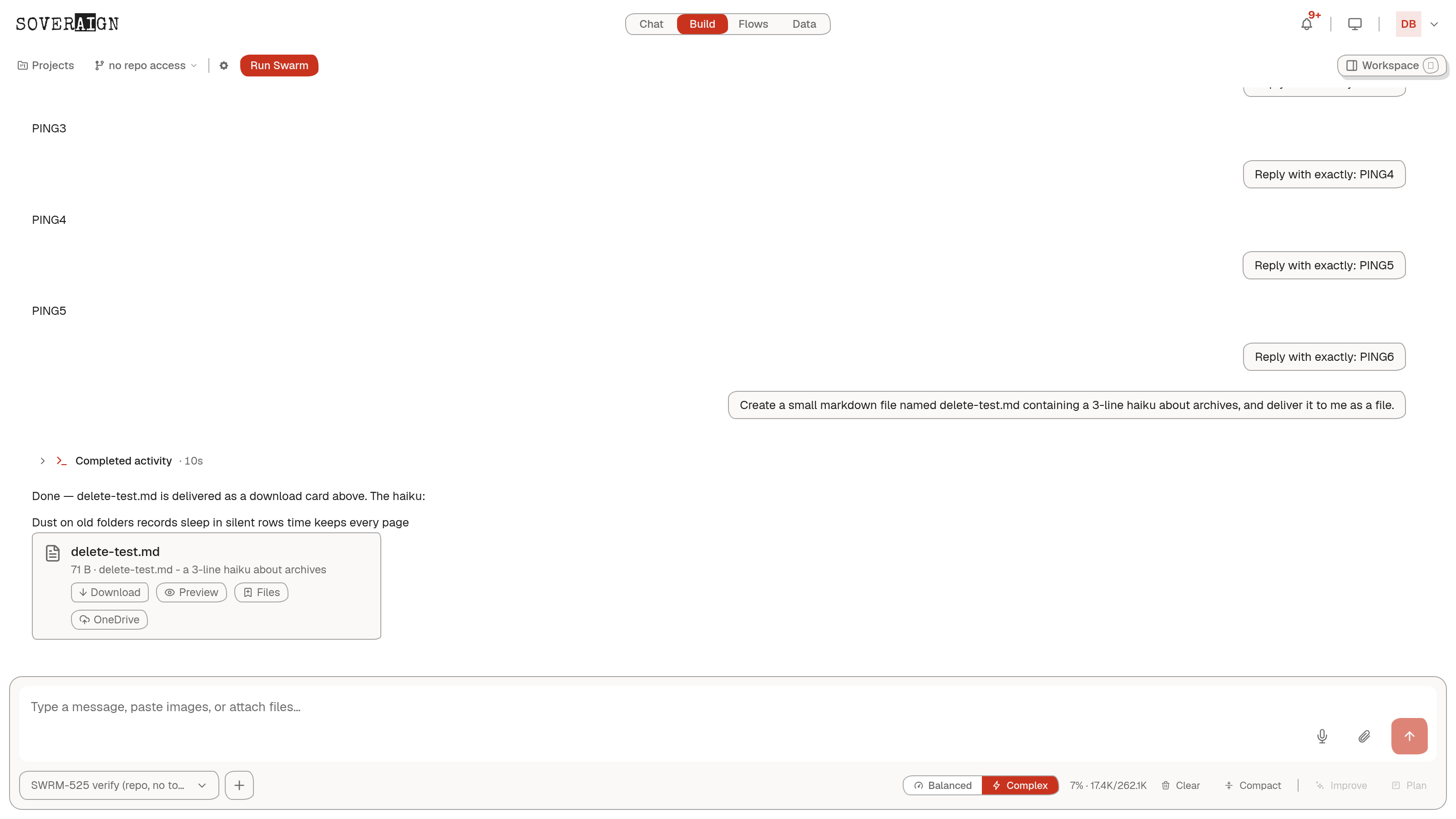 Build composer with the git branch control, Run Swarm action, and Projects button