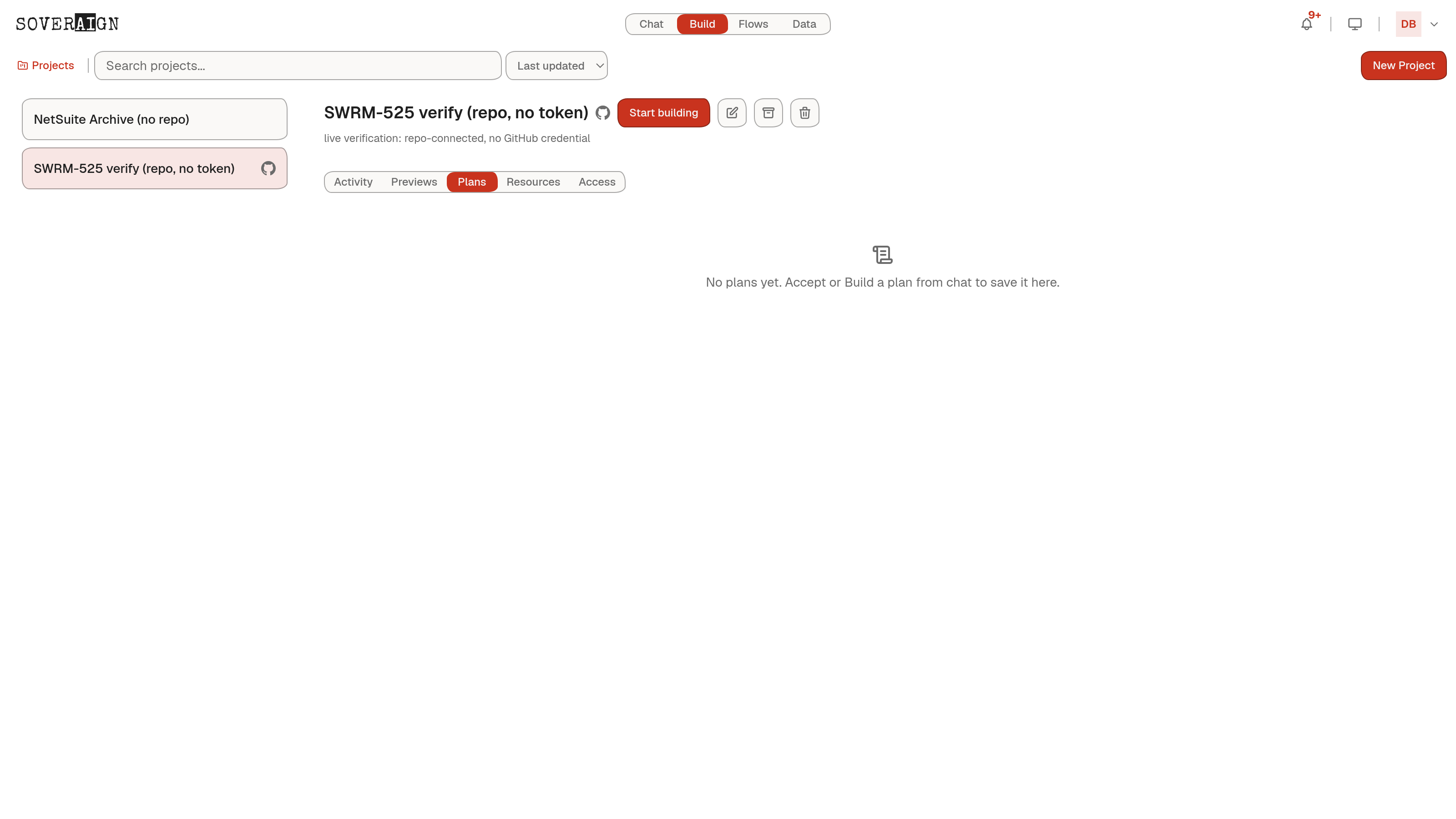The Projects panel in Build: project list with repo status and the Activity, Previews, Resources, and Access tabs