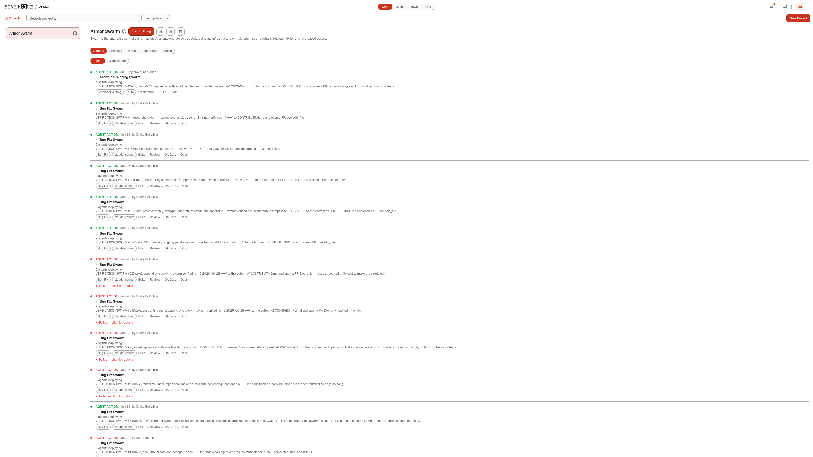 A project\u2019s Activity tab showing a running feed of swarm runs and their outcomes