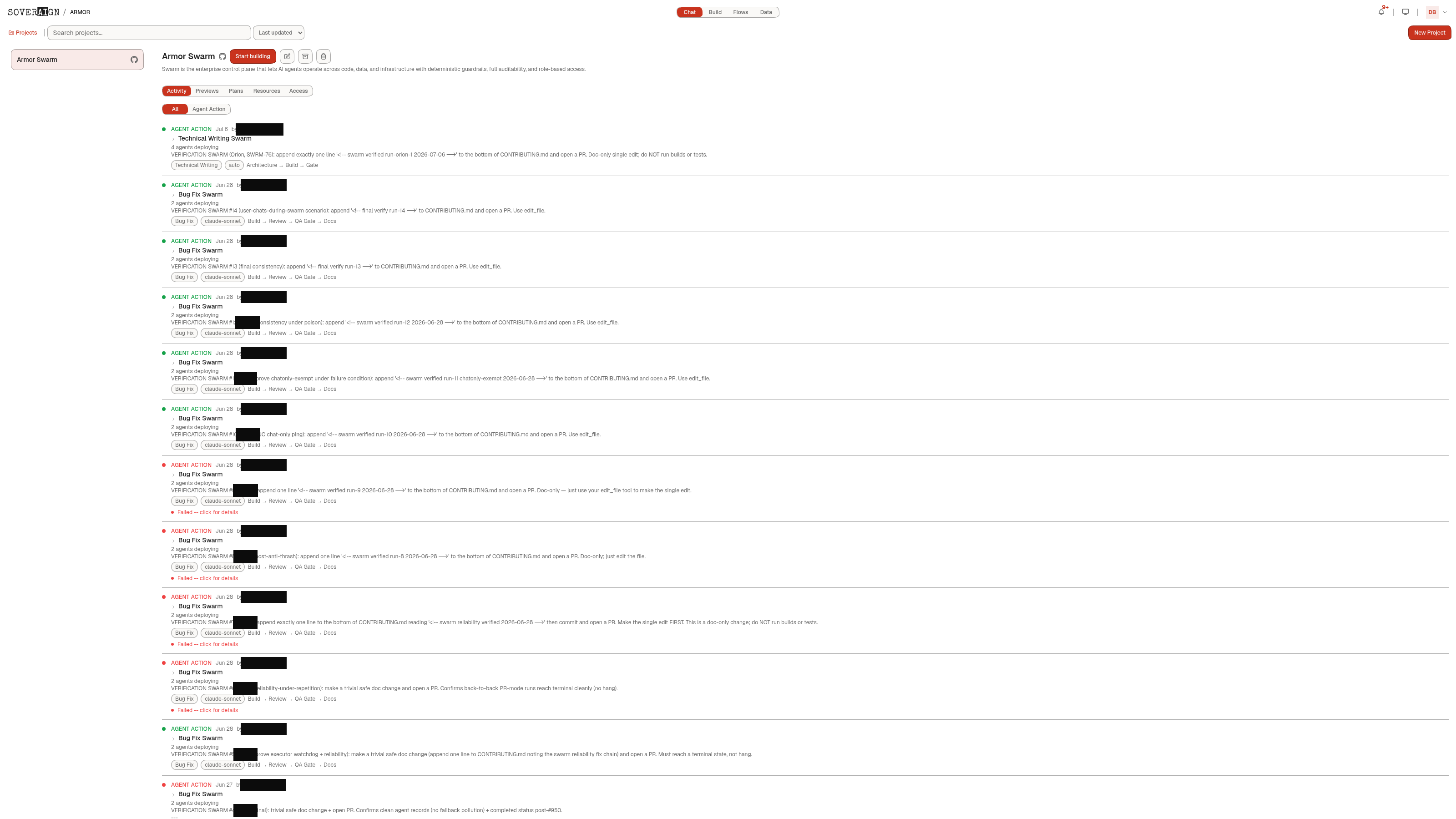 A project’s Activity tab showing a running feed of swarm runs and their outcomes