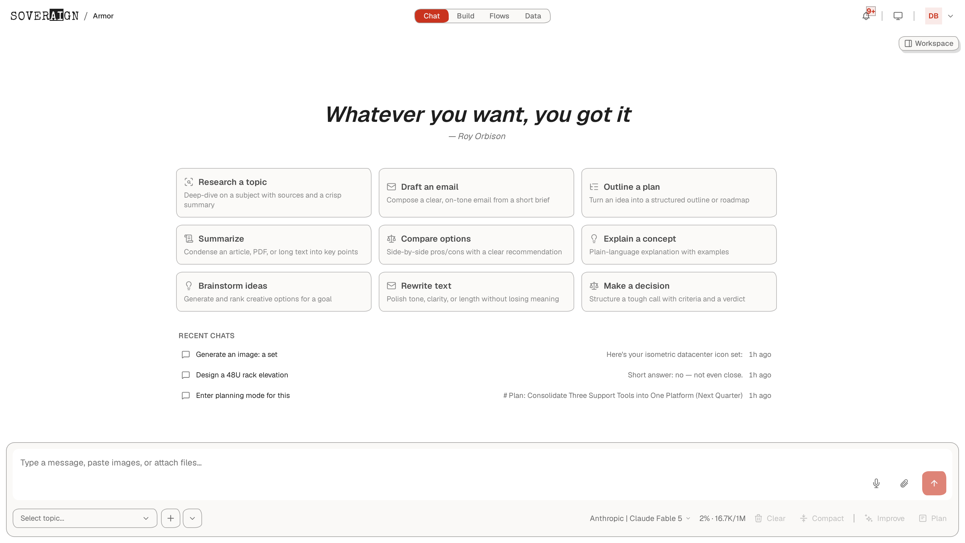 The Sovereign AI chat home screen with quick-start cards and the composer