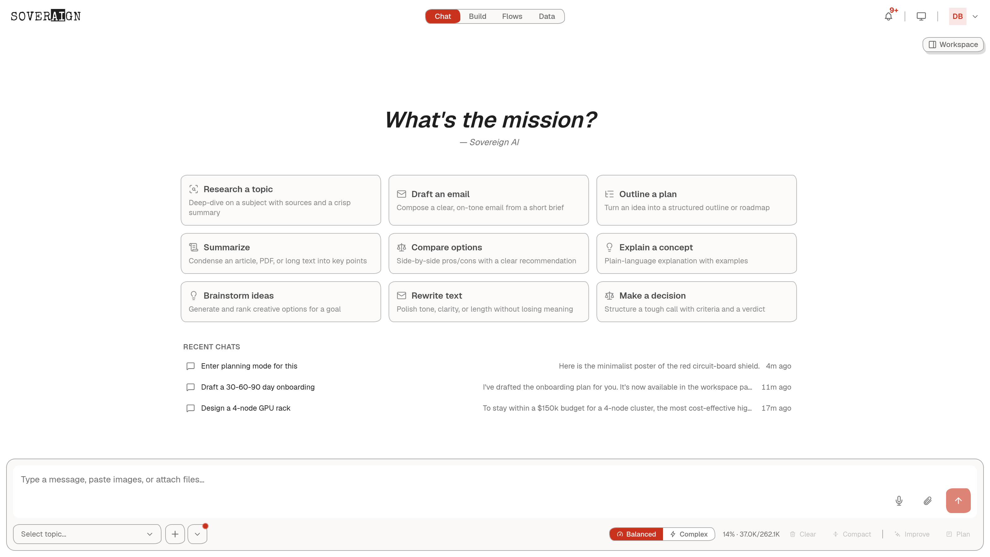 The Sovereign AI chat home screen with quick-start cards and the composer