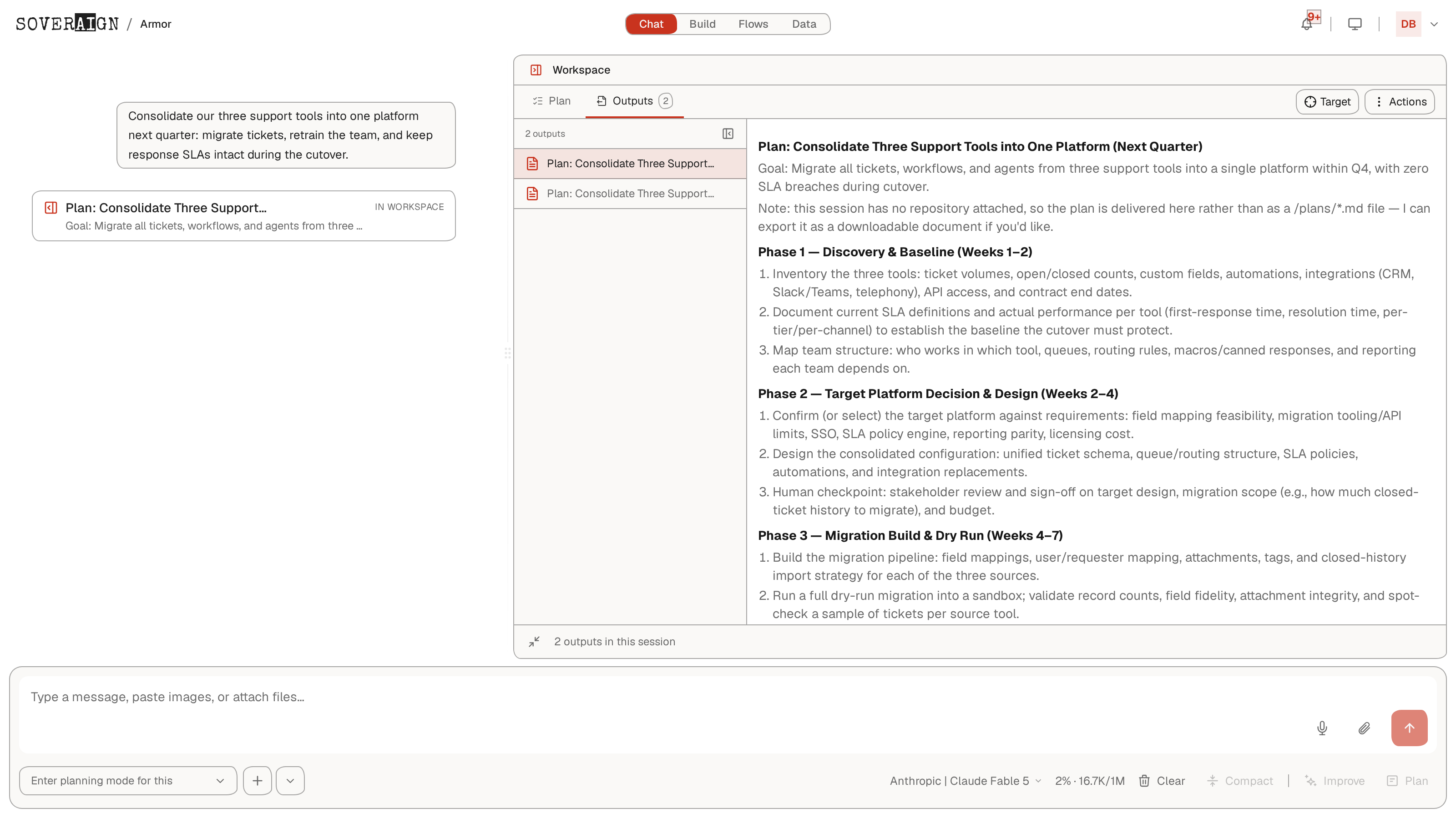 A drafted plan with nine steps, each tagged SWARM or HUMAN, for consolidating three support tools