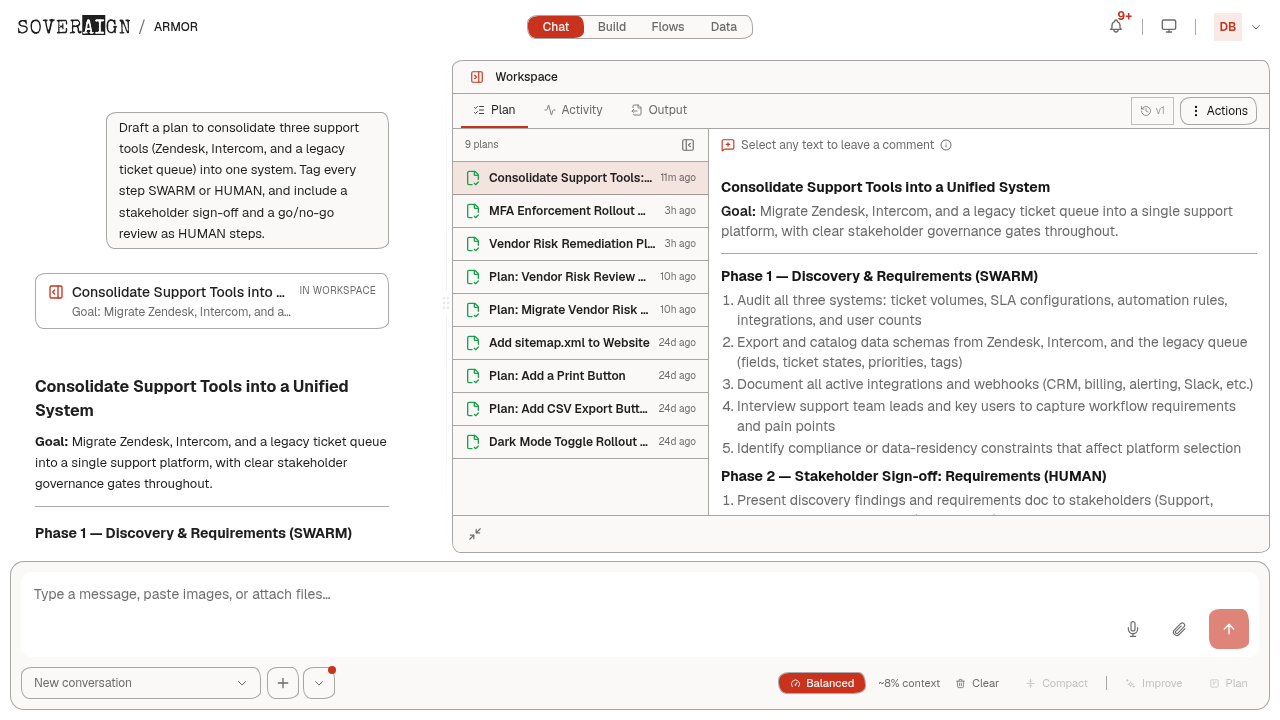 A drafted plan with the Plan Proposed bar above the composer offering Revise, Accept, and Build with Swarm.