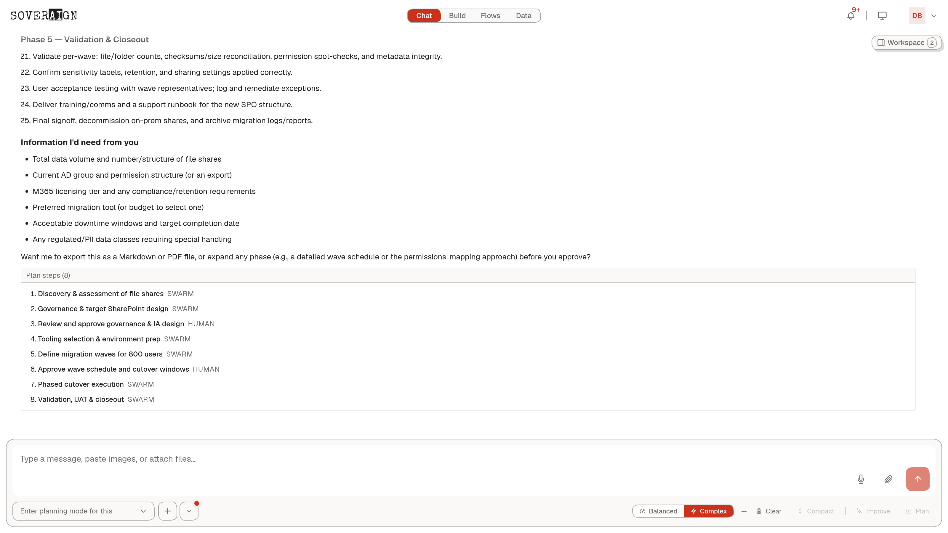 A drafted migration plan with phased steps, each tagged SWARM or HUMAN, for moving 800 users to SharePoint Online