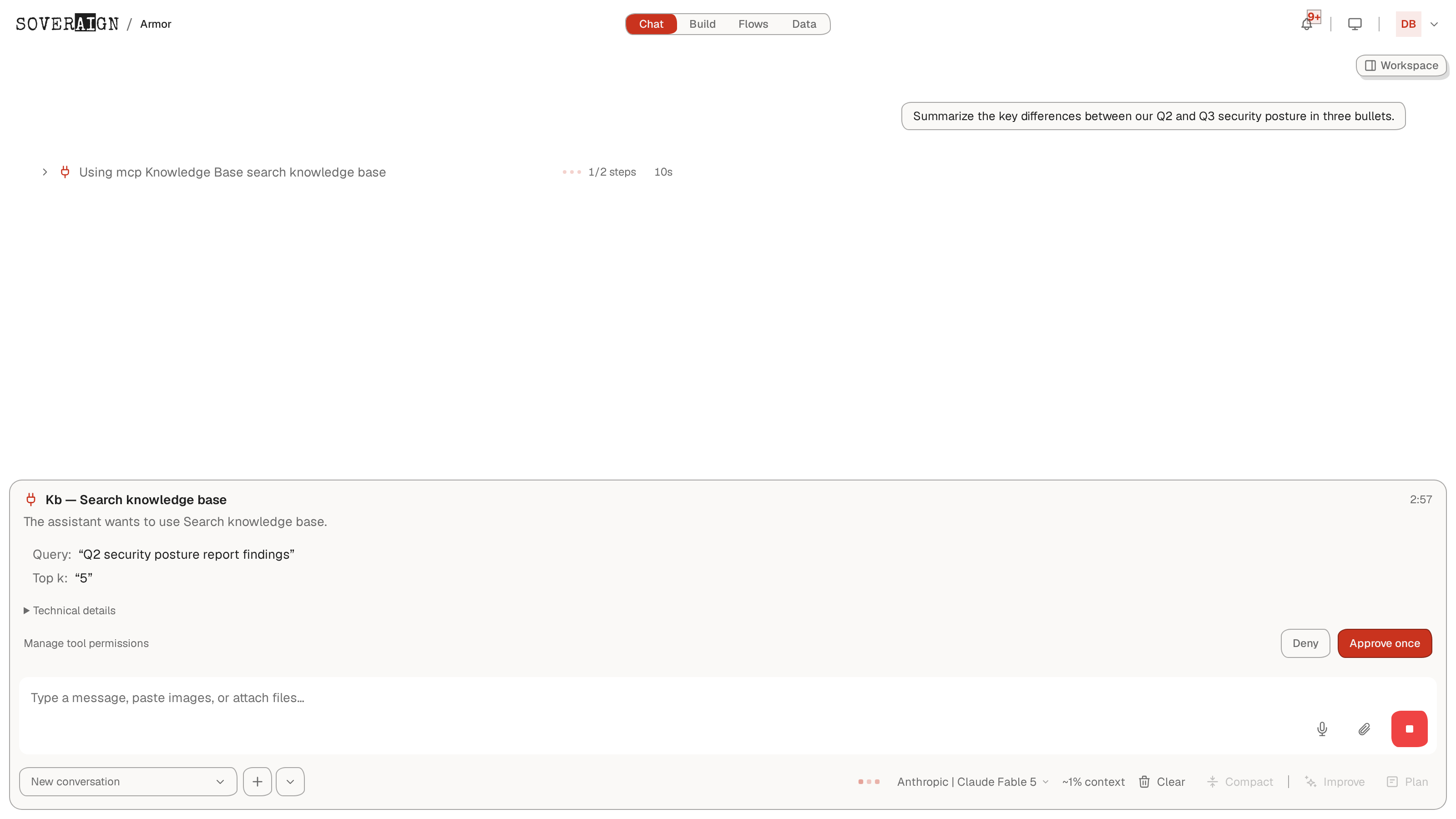 A tool approval card asking permission to search the knowledge base, with Deny and Approve once buttons