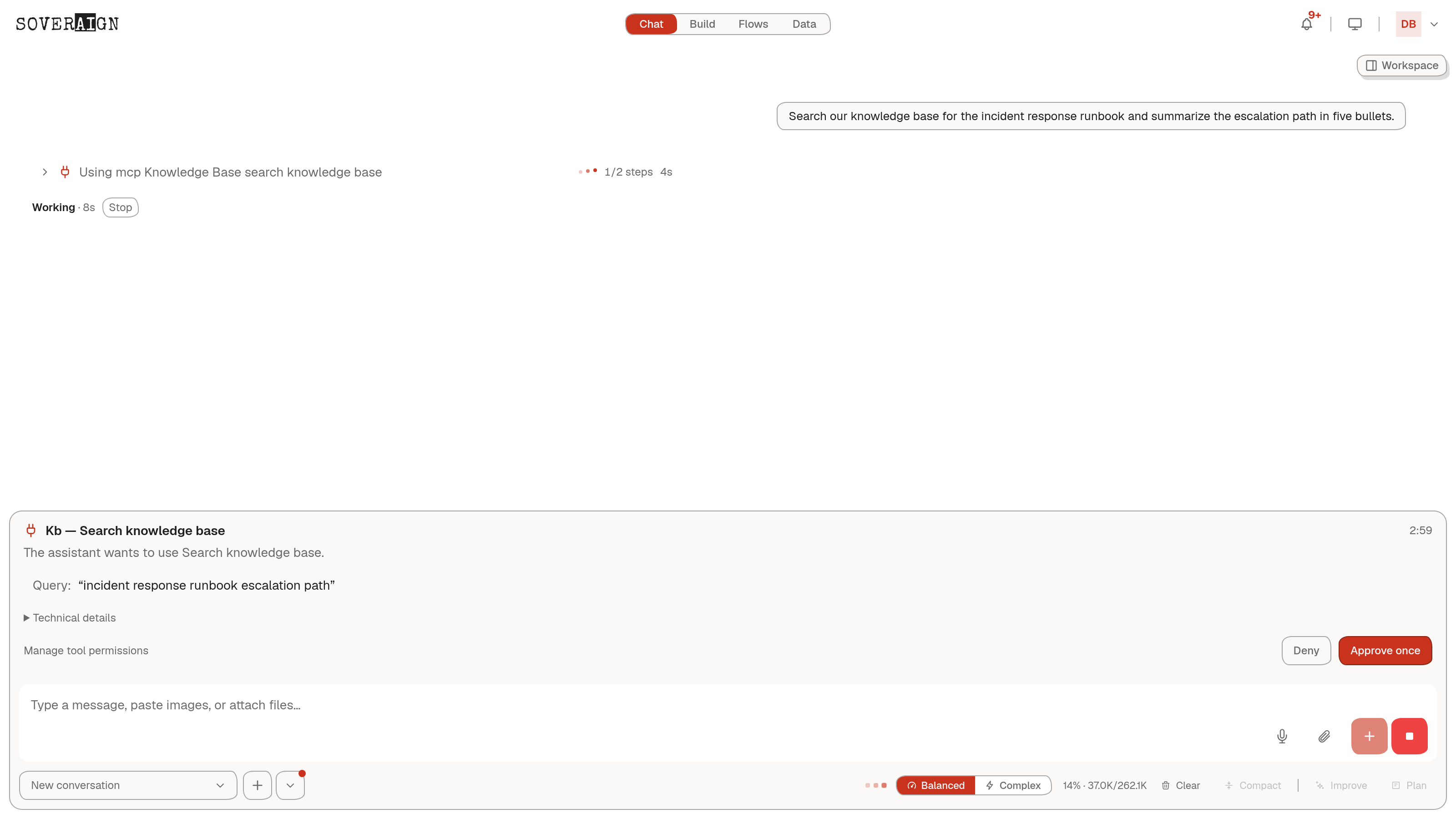 A tool approval card asking permission to search the knowledge base, with Deny and Approve once buttons