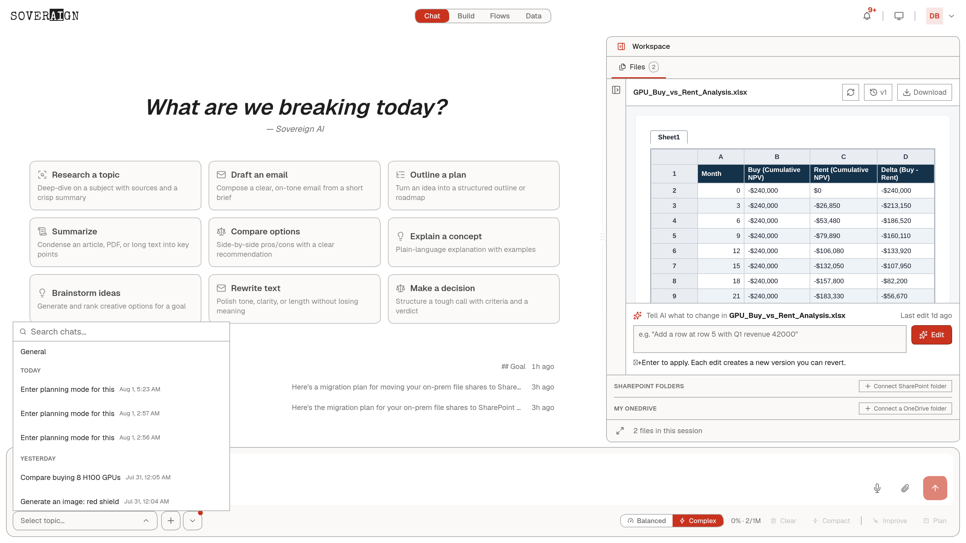 The topic picker open over chat home: search, the General topic, and threads grouped by day